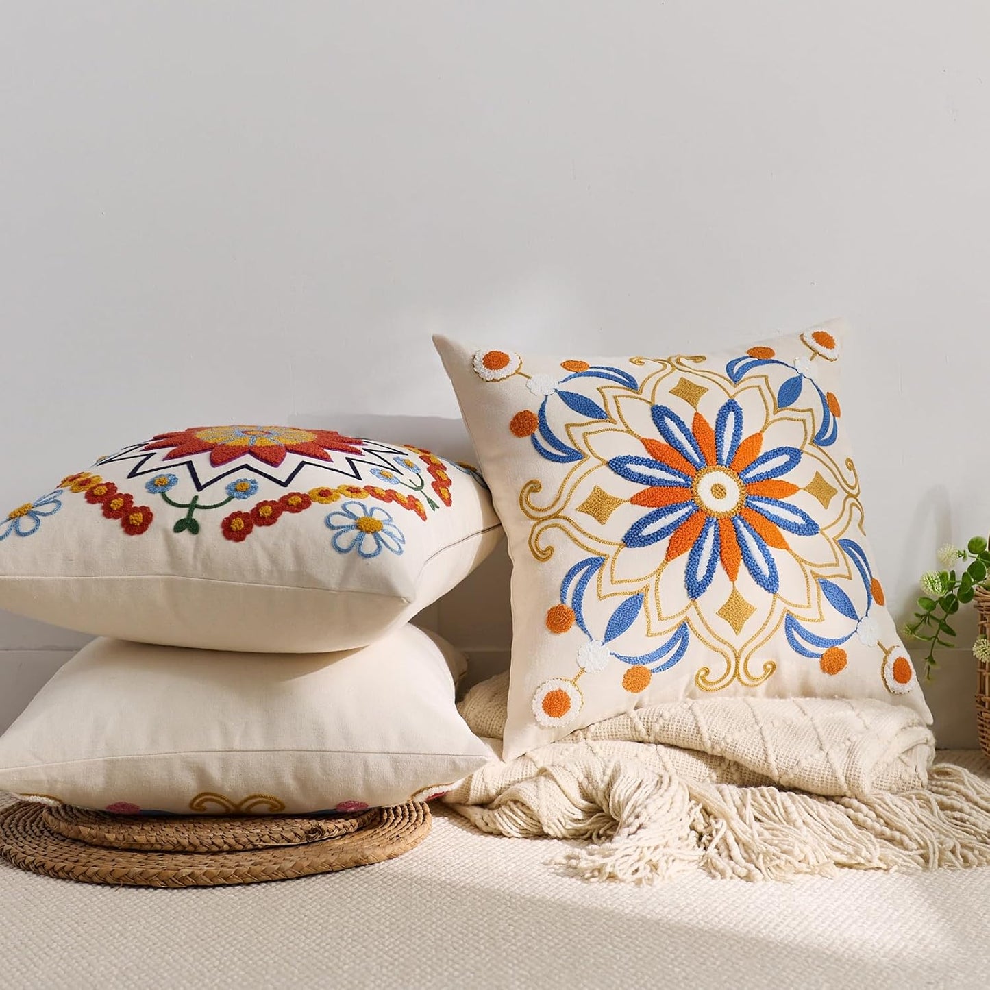 Embroidered Throw Pillow Cover 18x18 Classic Boho Floral Pattern Pillows Cover Outdoor Decorative Pillowcase,Durable Cozy Textured Cushion Case for Sofa Couch Bed Living Room,Orange Blue