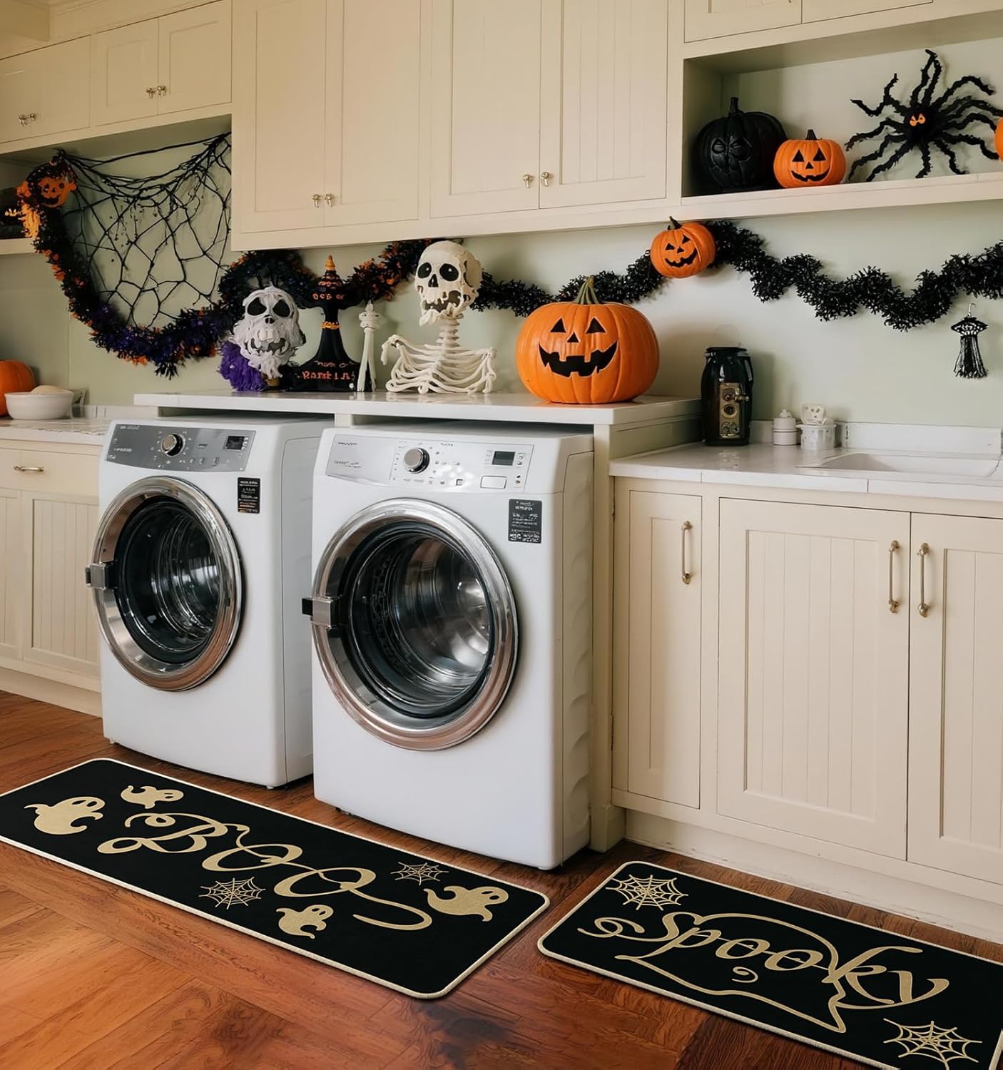 Halloween Kitchen Mat Set of 2, Spooky Spider Web Ghosts Boo Halloween Decor, Halloween Rug for Floor, Indoor Home Decor with Non-Slip Backing,17 x 29 Inch & 17 x 47 Inch
