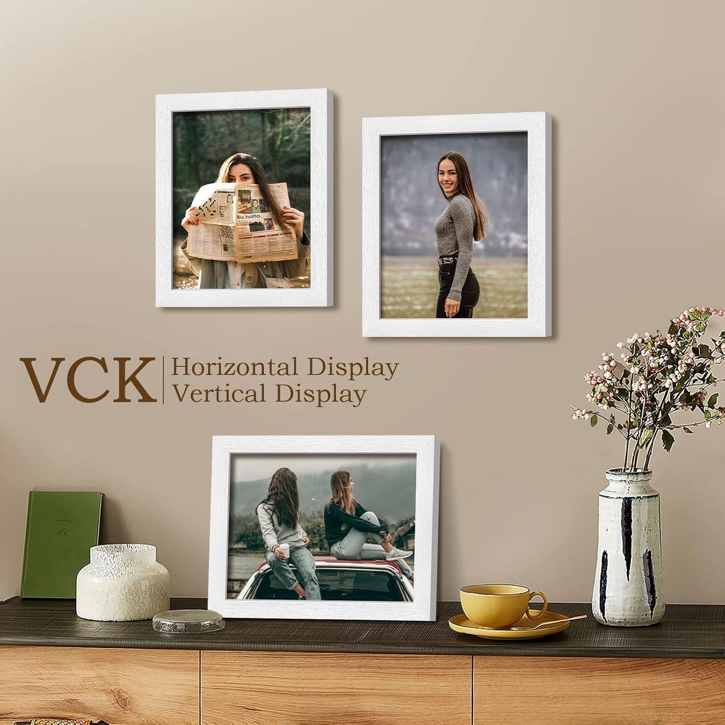 VCK 8x10 Picture Frames Set of 3, White Solid Wood Picture Frame, Textured Exclusive Wall Gallery Frame