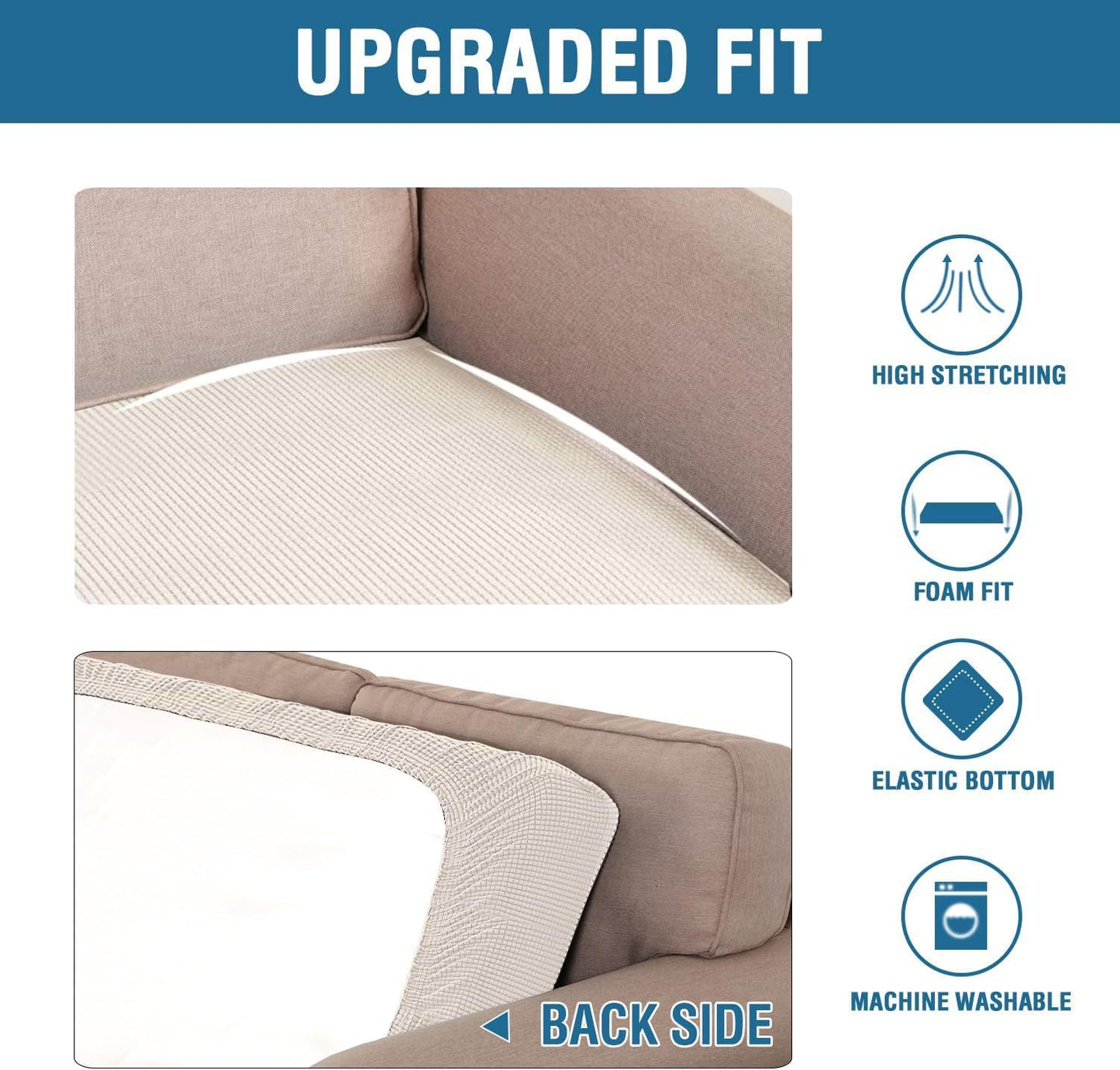 H.VERSAILTEX Super Stretch Individual Seat Cushion Covers - Sofa Couch Cushion Slipcover Sets - Thick Jacquard Textured Twill Fabric - Large (2 Piece, Ivory)