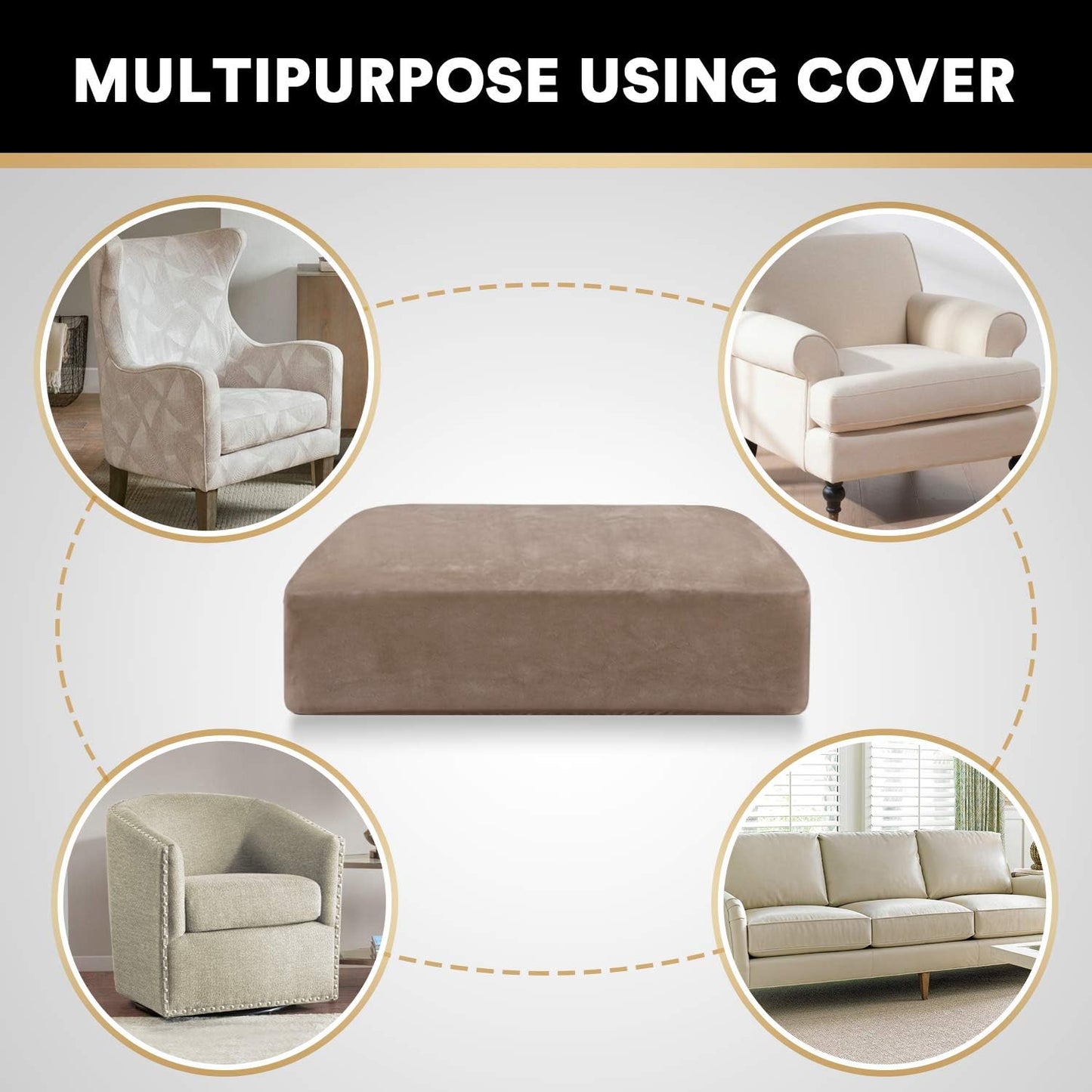 PrinceDeco Velvet Stretch Couch Cushion Cover Soft Cushion Slipcover for Chair Cushion Furniture Protector Seat Cushion Sofa Cover (Width Up to 29.5", Taupe)