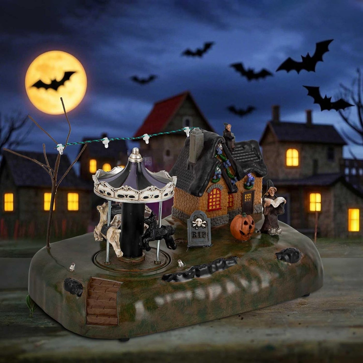 Animated Halloween Village House with Seesaw and LED Lights, Battery Operated Indoor Use only.