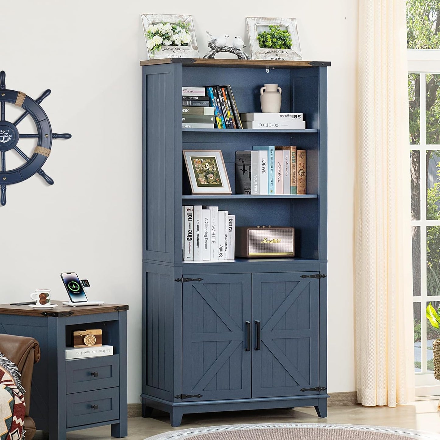 5 Tier Bookshelf 70in Tall Bookcase with Barn Doors and Storage Cabinet, Blue Farmhouse Book Shelf with Adjustable Shelves, Wood Freestanding Display Bookshelves for Bedroom, Kitchen (3PCS)