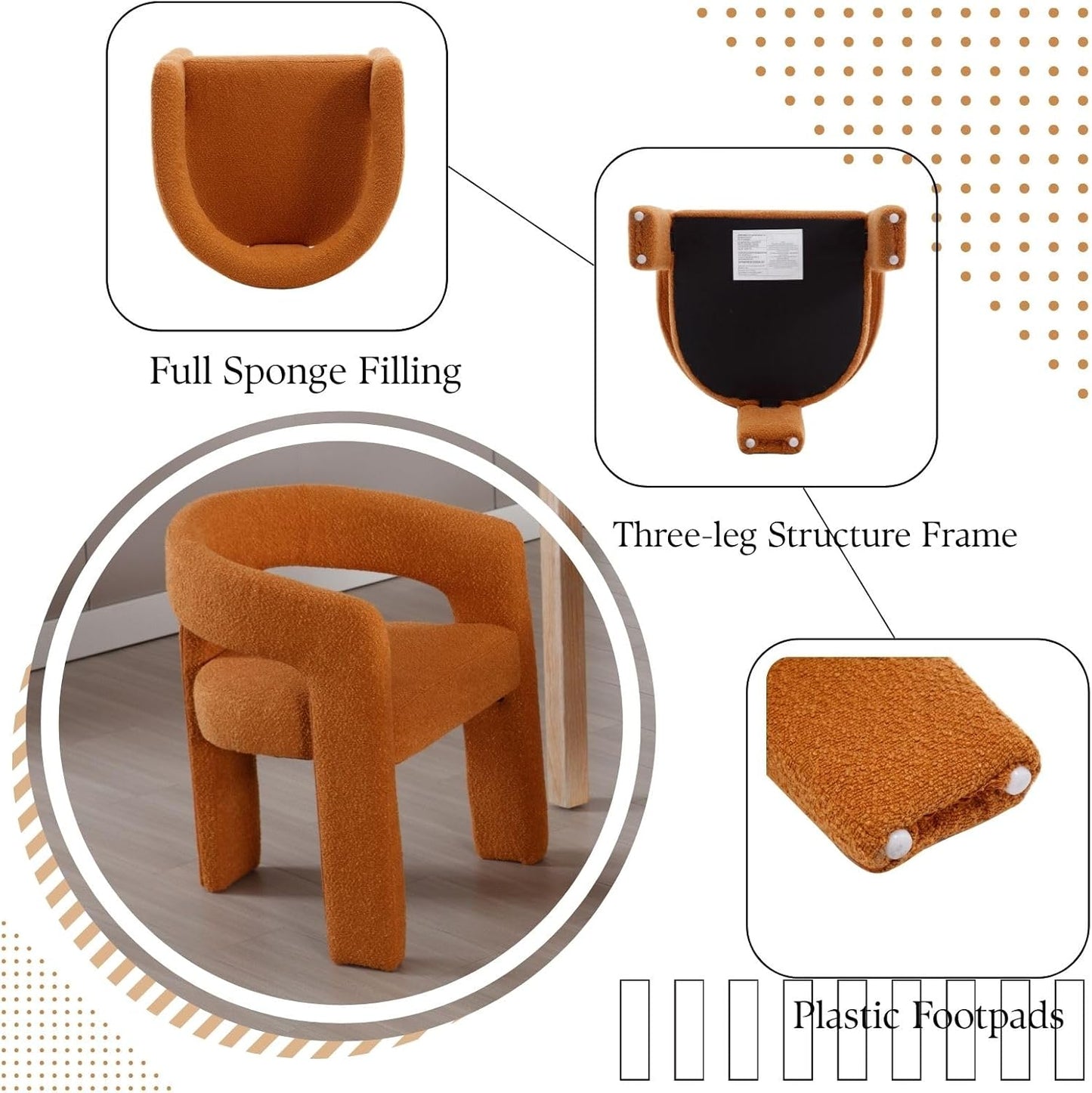 Orange Sherpa Dining Chairs Set of 6, Modern Barrel Dining Room Chairs Upholstered Faux Fur Accent Chair with Arms and Round Back for Living Room Kitchen Armchair No Assembly Needed