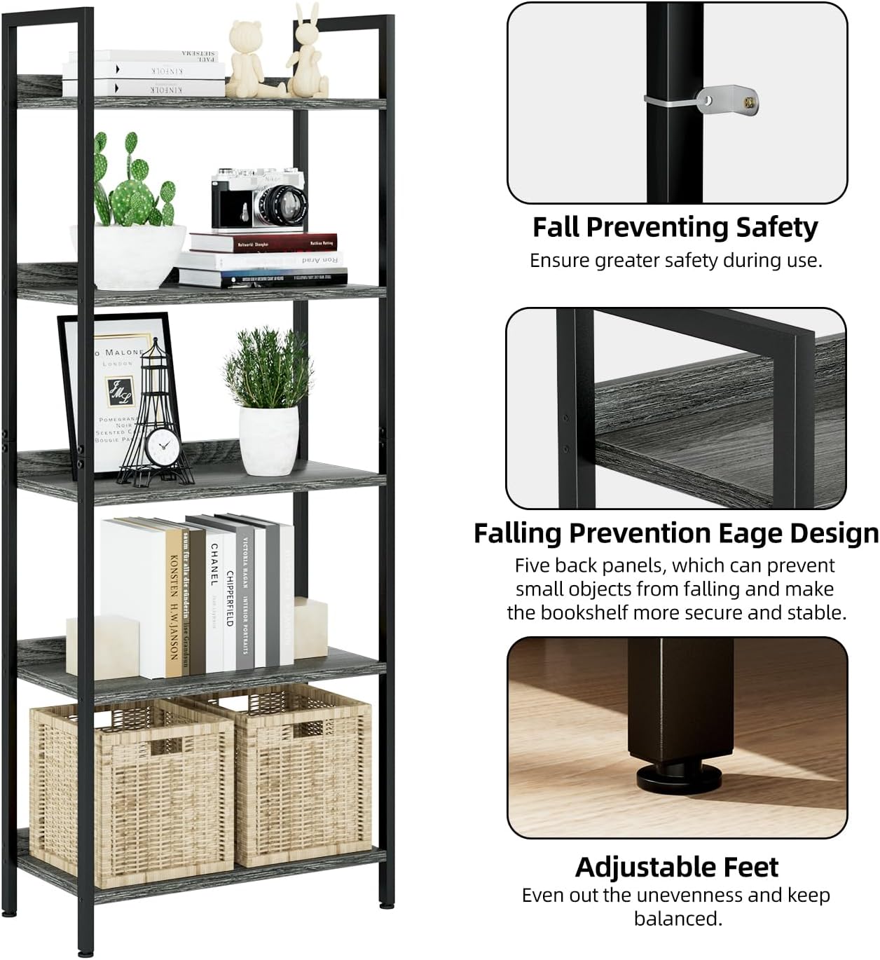 NUMENN Bookshelf, 5 Tier Bookshelves, Home Office Bookcase Shelf Storage Organizer, Free Standing Storage Shelving Unit for Bedroom, Living Room and Home Office, Dark Grey