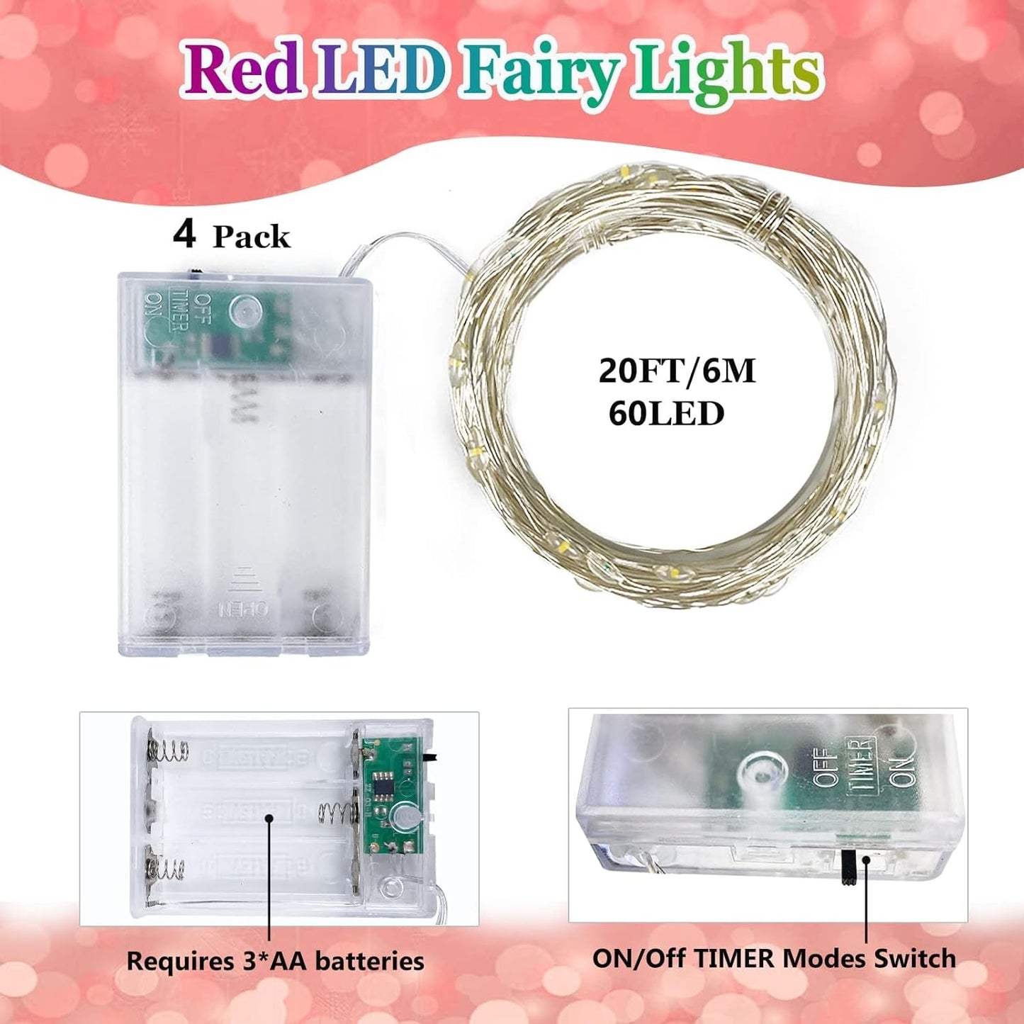Red and White Bttery Operated Christmas Lights,4 Pack Fairy Lights Battery Operated with Timer,Christmas Tree Lights for Outdoor/Indoor Waterproof,Twinkle Lights for Bedroom Home Christmas Decorations