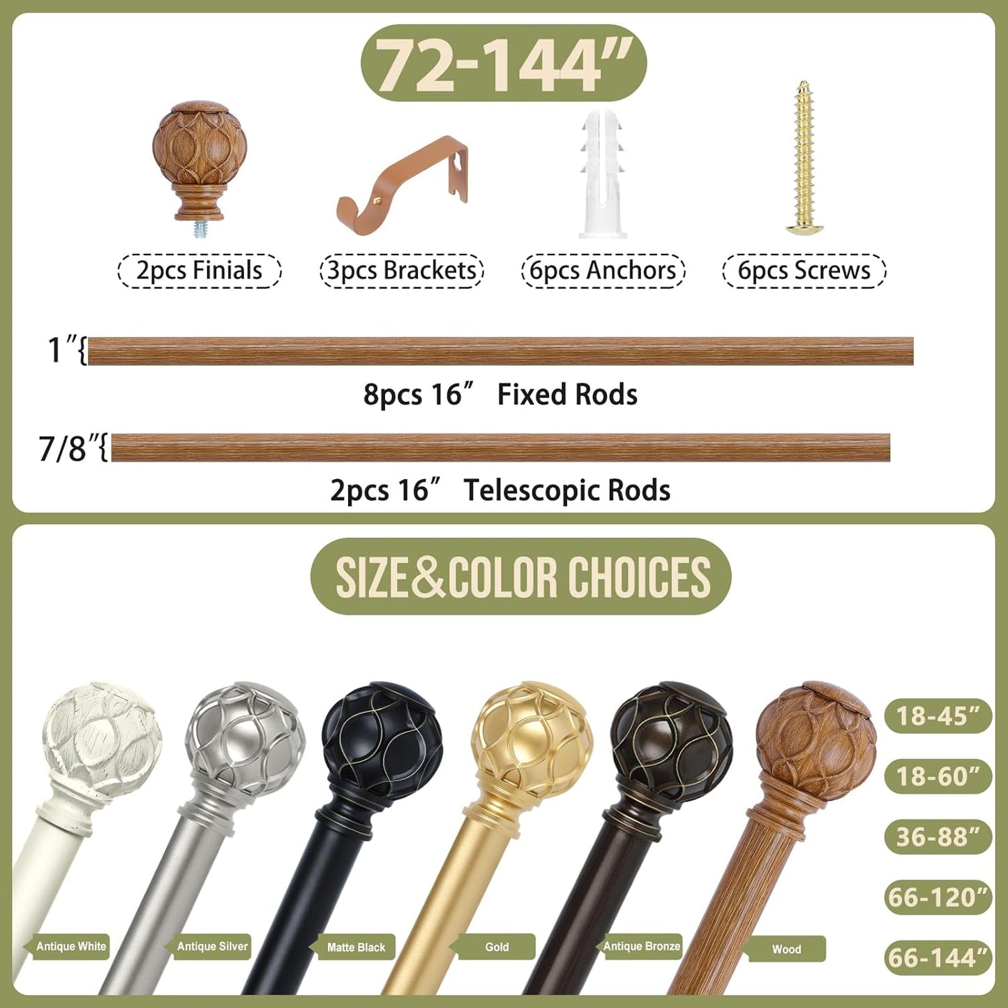 Wood Boho Curtain Rods for Windows:72-144Inch Wooden Farmhouse Curtain Rod for Bedroom Living Room,Heavy Duty Adjustable Rustic Decorative Drapery Rod with Vintage Imitation Wood Finial,Brown