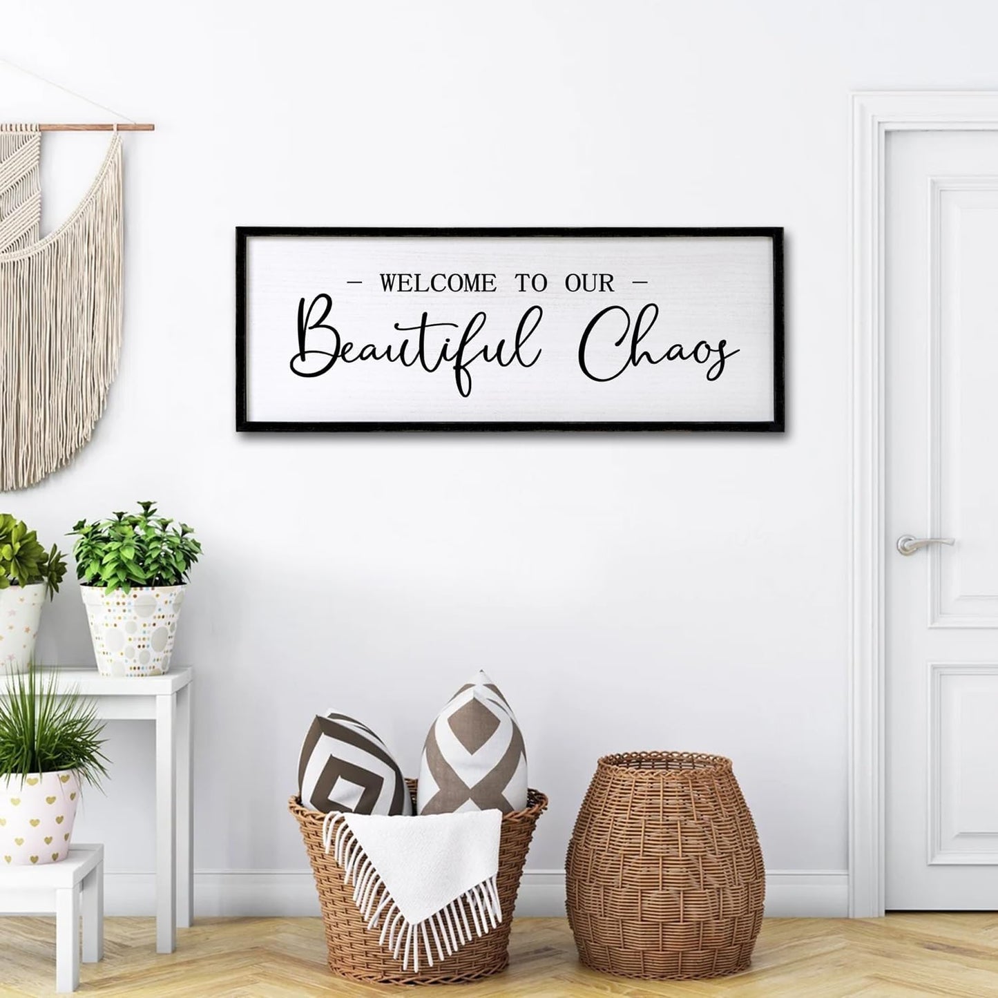 Welcome to Beautiful Chaos Framed Wall Art, 40''×15'' Rustic Horizontal Beautiful Chaos Plaque with Black Frame for Entryway Living Room, Farmhouse Long Welcome to our Chaos Wood Sign Wall Decor