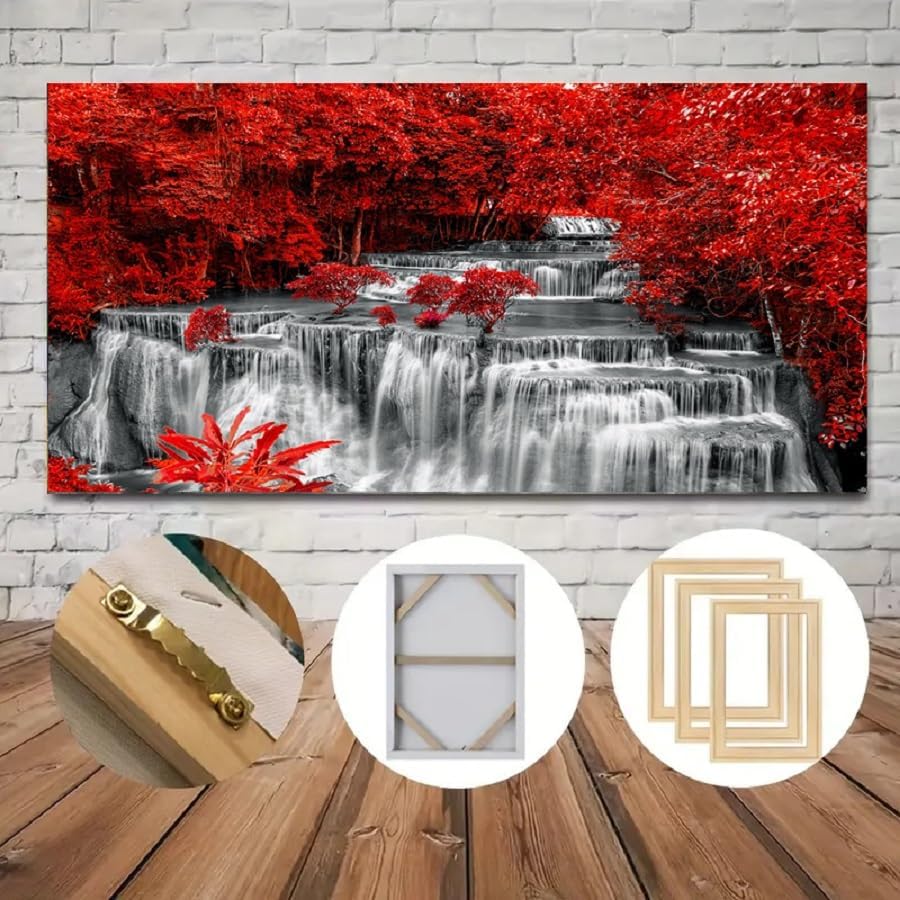 Yxbhhym Large Black and White Decor Waterfall Canvas Wall Art Red Tree Wall Decor Landscape Prints Posters Forest Scenery Paintings for Wall Decoration Bedroom Living Room Dรฉcor- Framed Wall Art