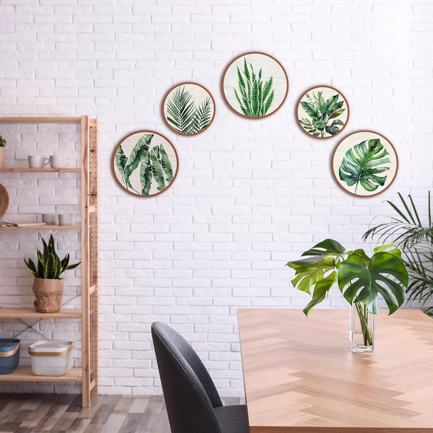 Qunclay 5 Pcs Wall Art Decor Wooden Living Room Wall Decor Bohemian Hanging Farmhouse Geometric 10'' and 8'' Aesthetic Wood Minimalist Posters for Bedroom(Leaves)