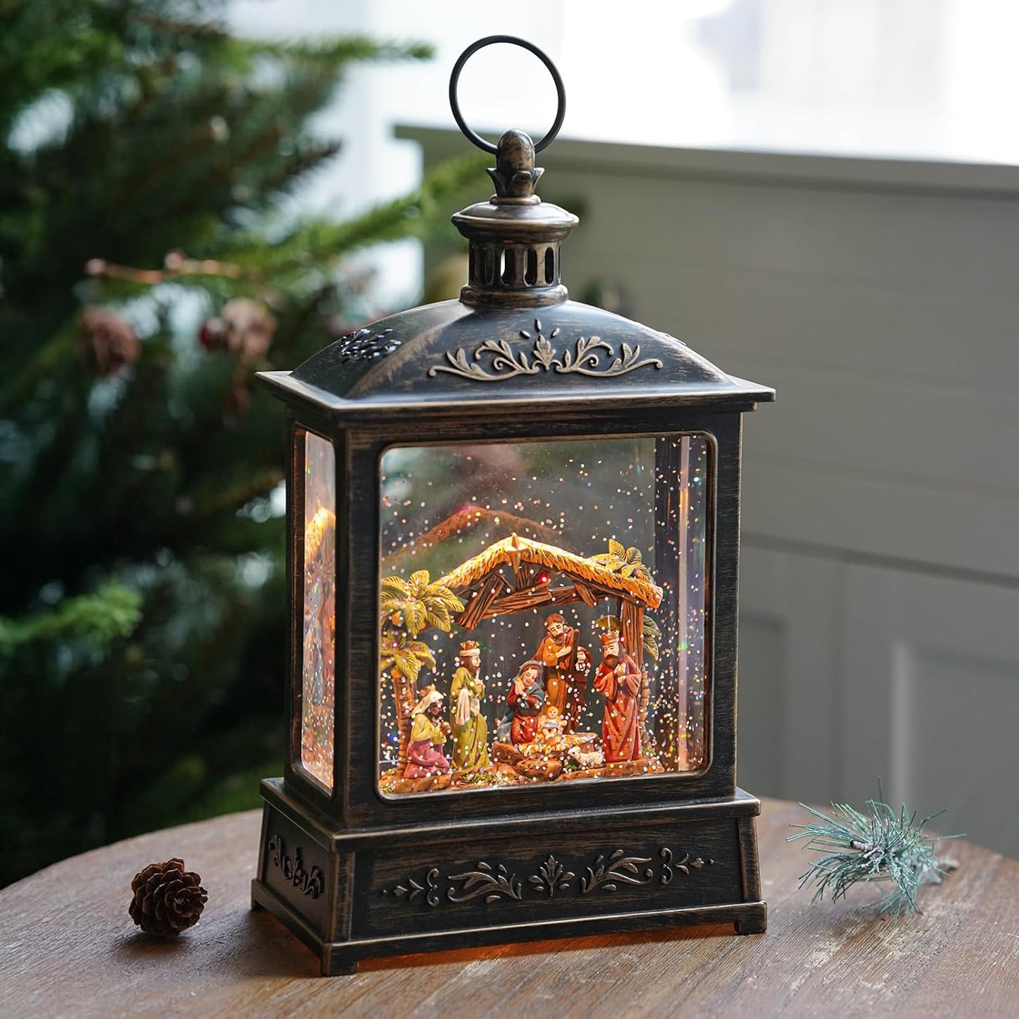 Christmas Snow Globe Glittering Nativity Scene with Music & Timer, USB Lined/Battery Operated Lighted Water Lantern for Christmas Festival Decoration Gifts