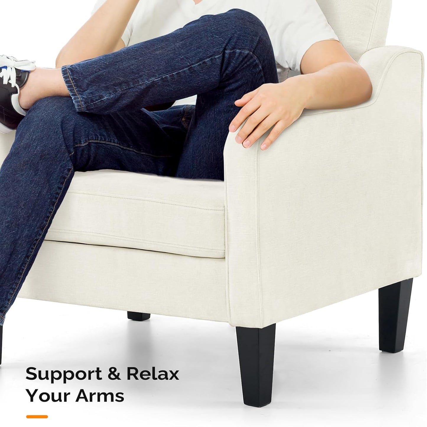 VINGLI Mid Century Modern Accent Chairs for Living Room, Cream White Comfy Reading Chair Soft Chenille Sofa Chairs Upholstered Side Armchair for Living Room, Bedroom, Apartment