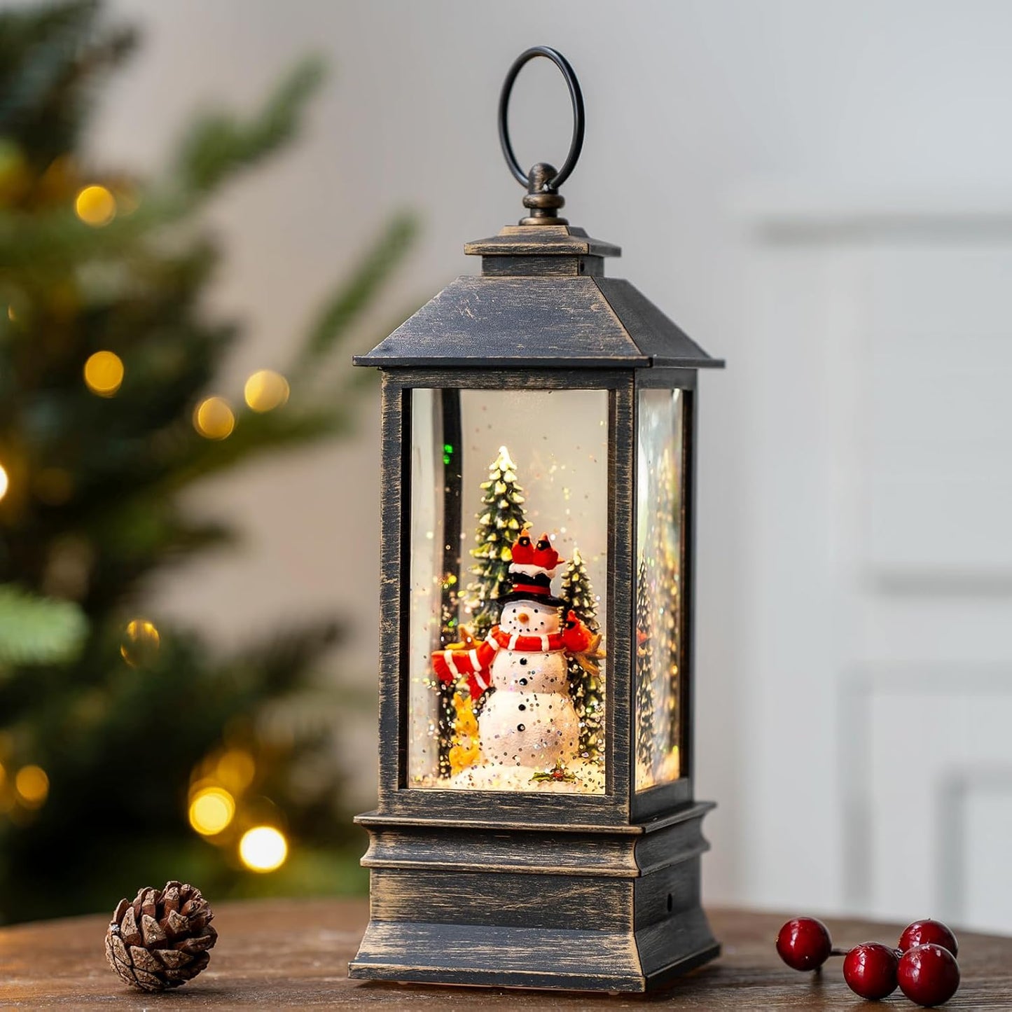 Christmas Snow Globes (11 Inch, Square-Snowman), Black Brush Gold