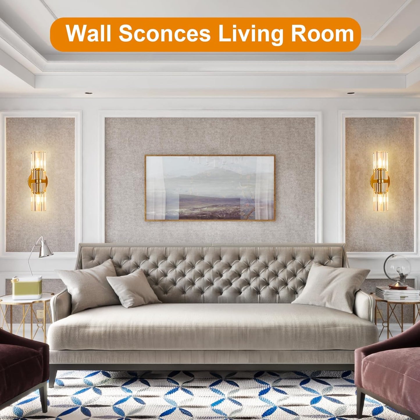 Gold Crystal Wall Sconces Set of Two, Wall Sconce Set of 2, Brass Sconces Wall Lighting with K9 Crystal Lampshade, Wall Lights for Bedroom Living Room Bathroom Hallway