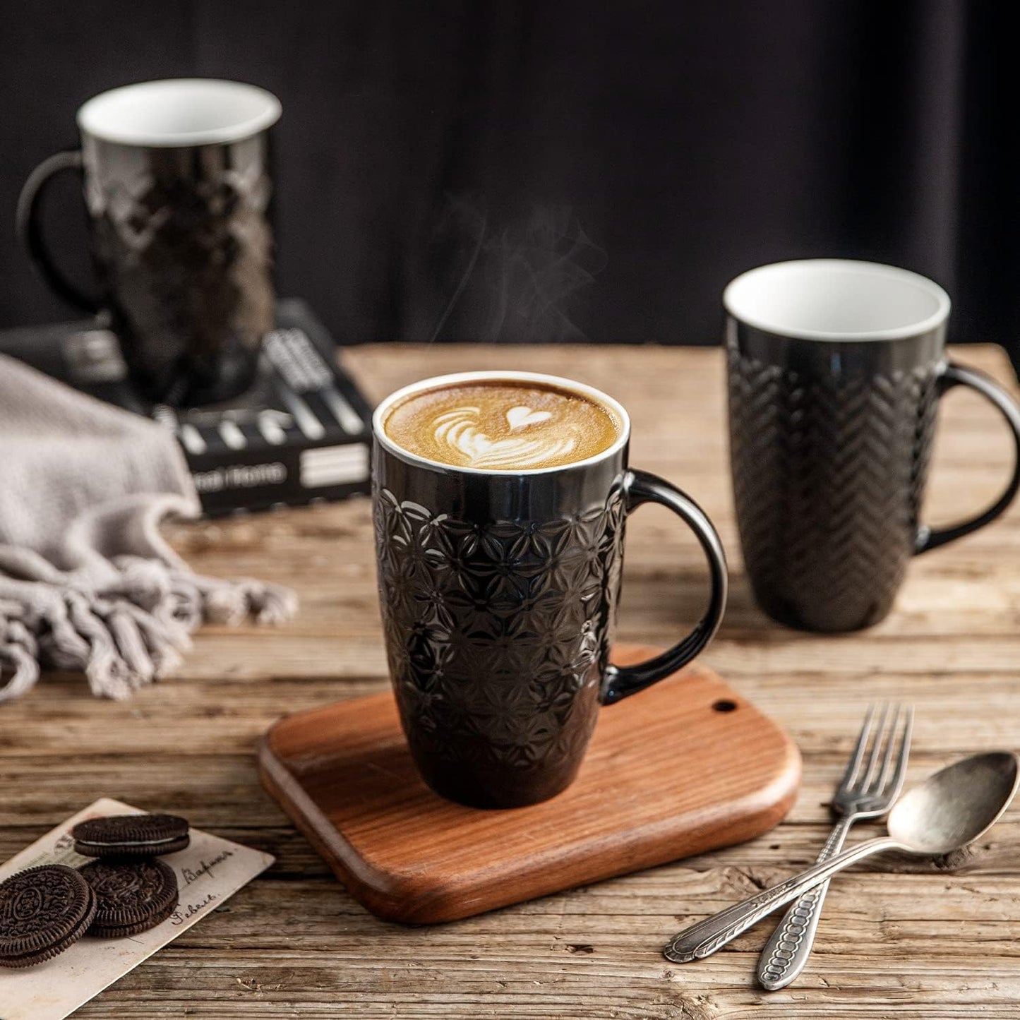 AmorArc Large Coffee Mugs Set of 6, 20oz Ceramic Tall Coffee Mugs Set with Textured Geometric Patterns for Latte/Tea/Beer/Hot Cocoa, Dishwasher & Microwave Safe, Black