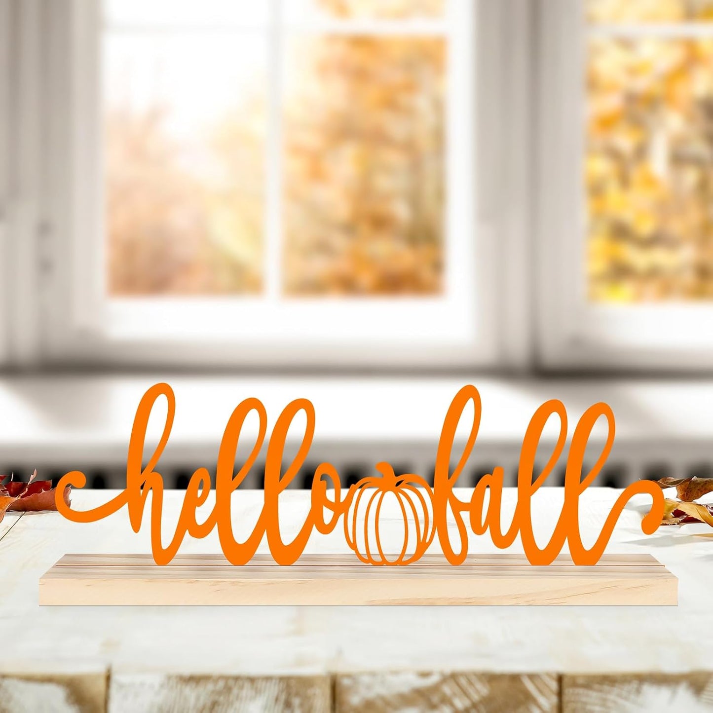 COCHIE Metal Hello Fall Sign, Orange Fall Decorations for Home, Office, Shelf, Mantel, Indoor, Autumn Decoration, Pumpkin Decor (Autumn B)