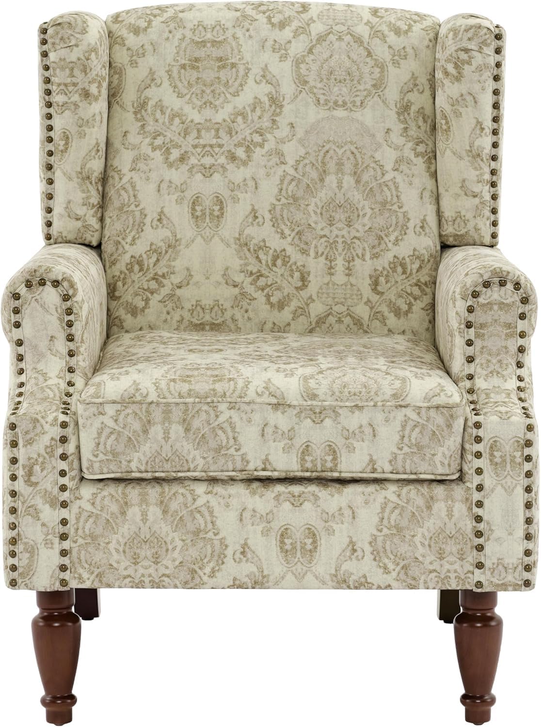 UIXE High Back Floral Accent Chair, Upholstered Armchair in Fabric for Living Room, Retro Wingback Arm Chair Comfy Single Sofa Bedroom Reading Seat with Solid Wood Legs, White
