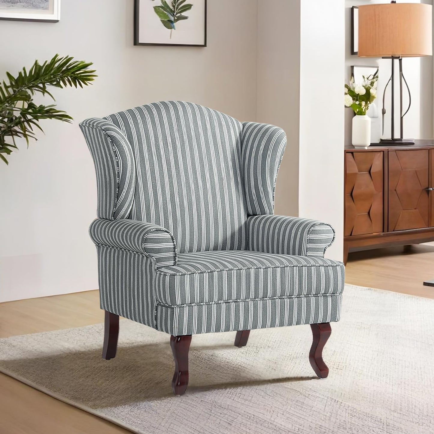 Accent Chair, High Back Upholstered Armchair with High Resilience Sponge & Wood Legs, Mid-Century Modern Comfy Single Sofa Reading Chairs for Living Room, Bedroom (Stripe Grey, Set of 2)