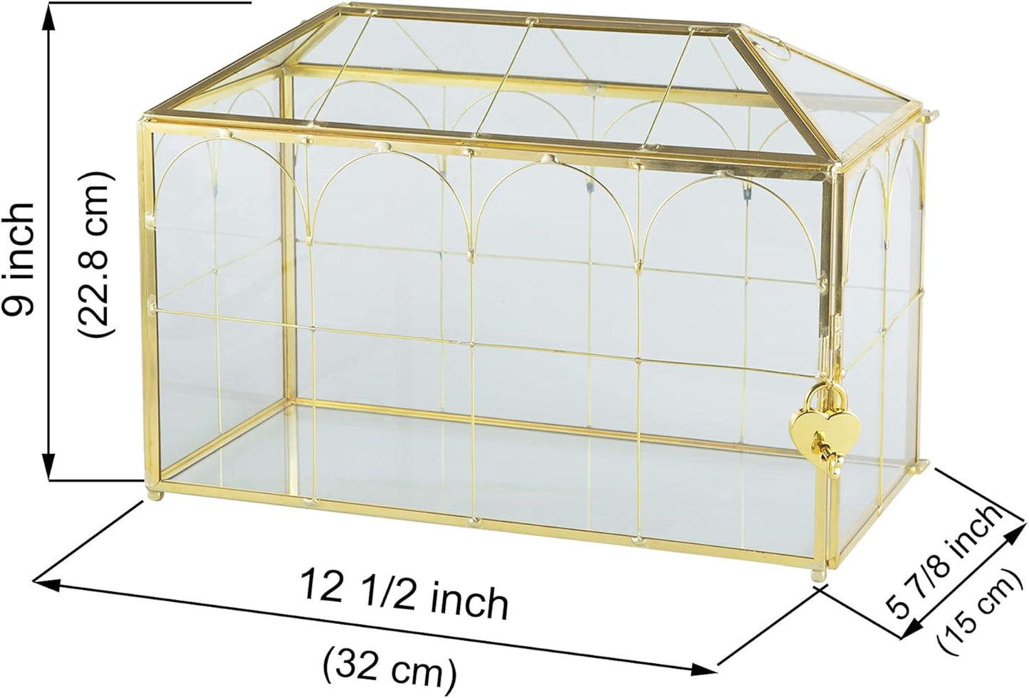 Glass Wedding Card Box with Slot, 12.6 inch Large Clear Card Box Gold Brass Gift Card Storage Box with Lock for Wedding Receptions, Baby Shower, Birthday Party, Bridal Shower