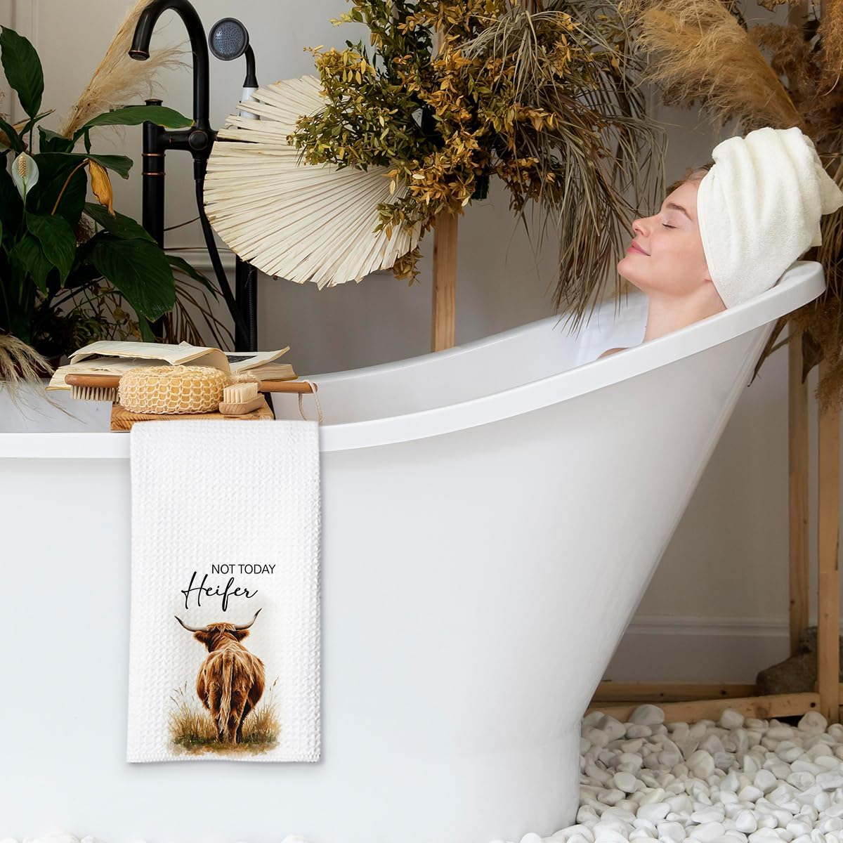 Not Today Heifer Highland Cow Hand Towels for Farmhouse Kitchen Bathroom Decor | Funny Waffle Weave Microfiber Dish Towel Western Gift