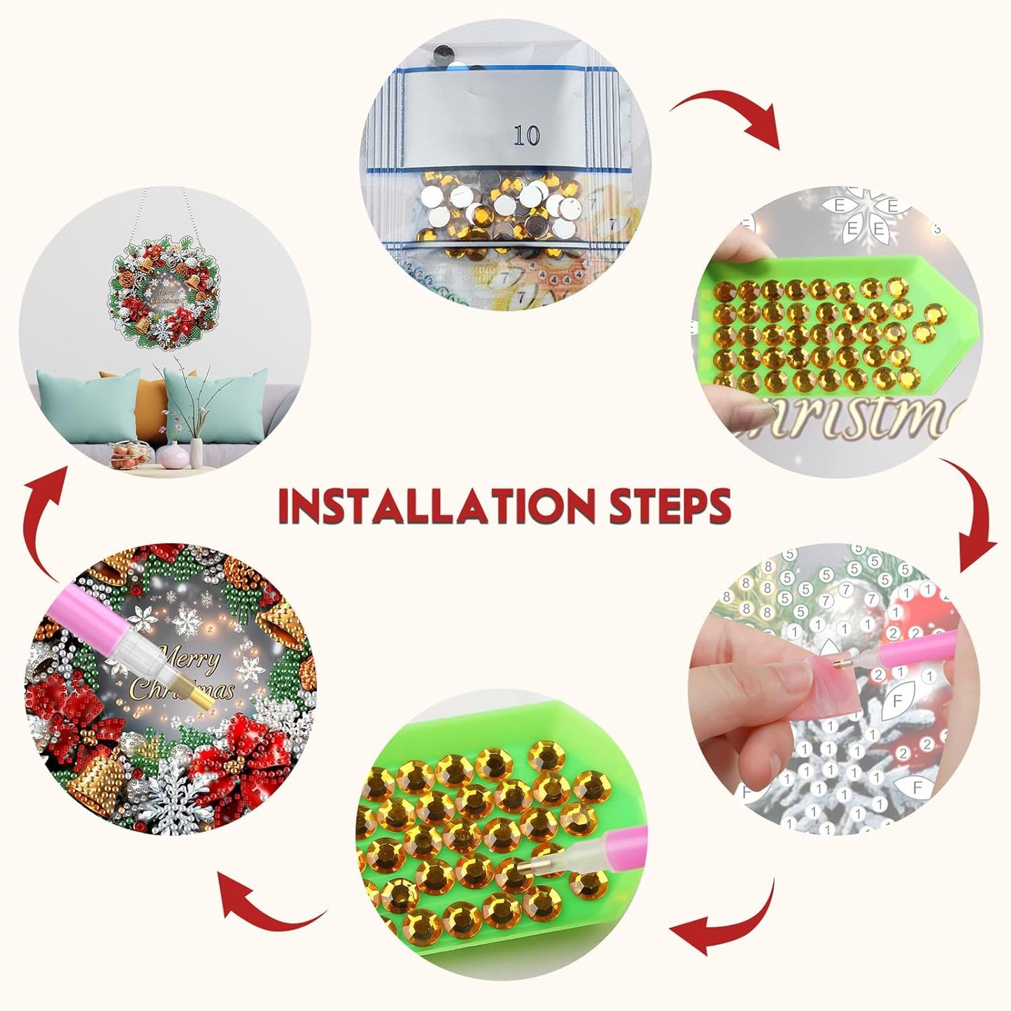 NEWENMO Diamond Art Hanging Kit for Adult, Merry Christmas Wreath, DIY Special Shaped Crystal Acrylic Diamond Art Painting Window Pendants, Diamond Painting Ornament for Home Garden Wall Decor