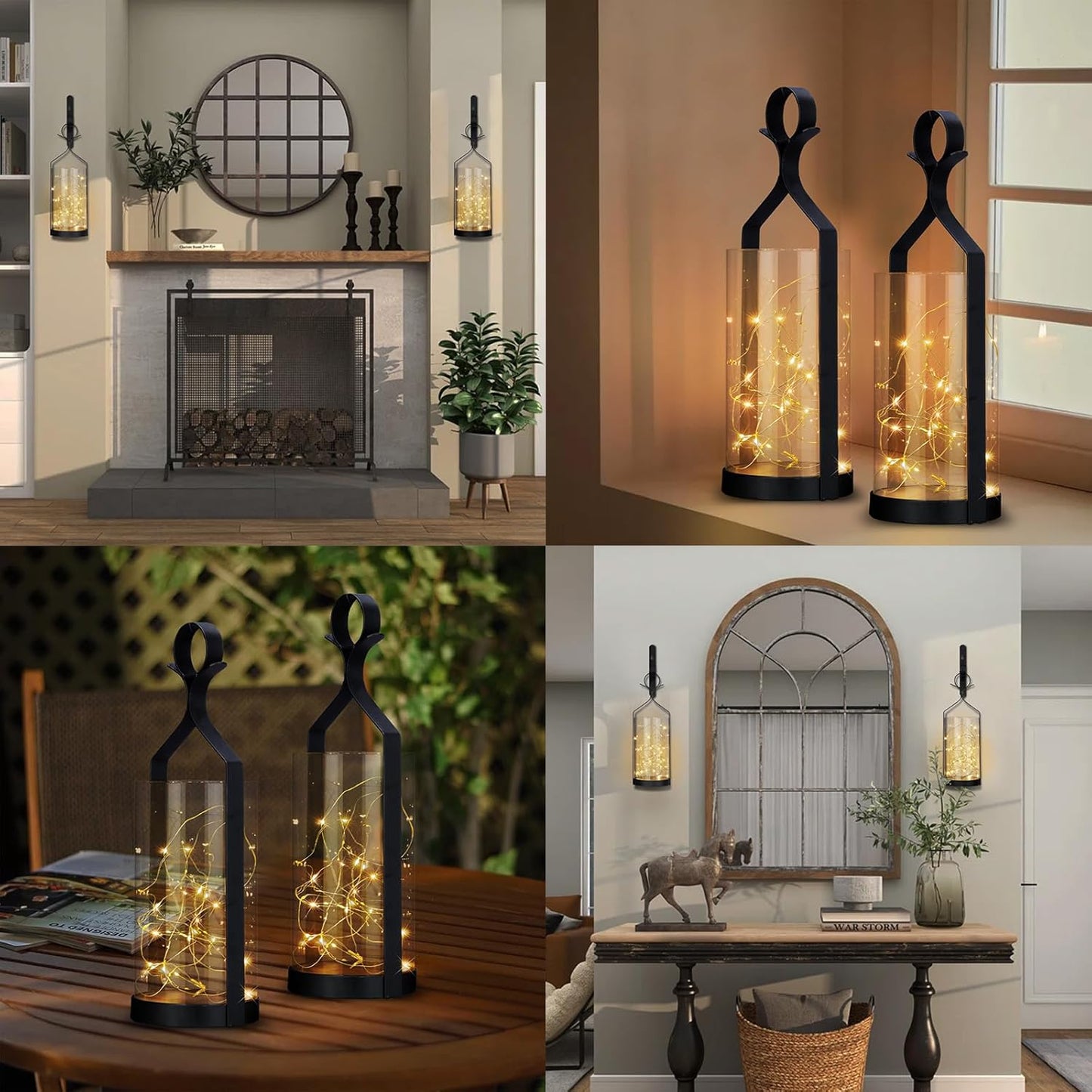 Metal Wall Sconce 35 Led Lantern Set of 2 - Black Wall Mounted Hanging Holder with Glass & Candles Vintage Wall Decor for Porch, Living Room, Dining Room, Bedroom Indoor Decor