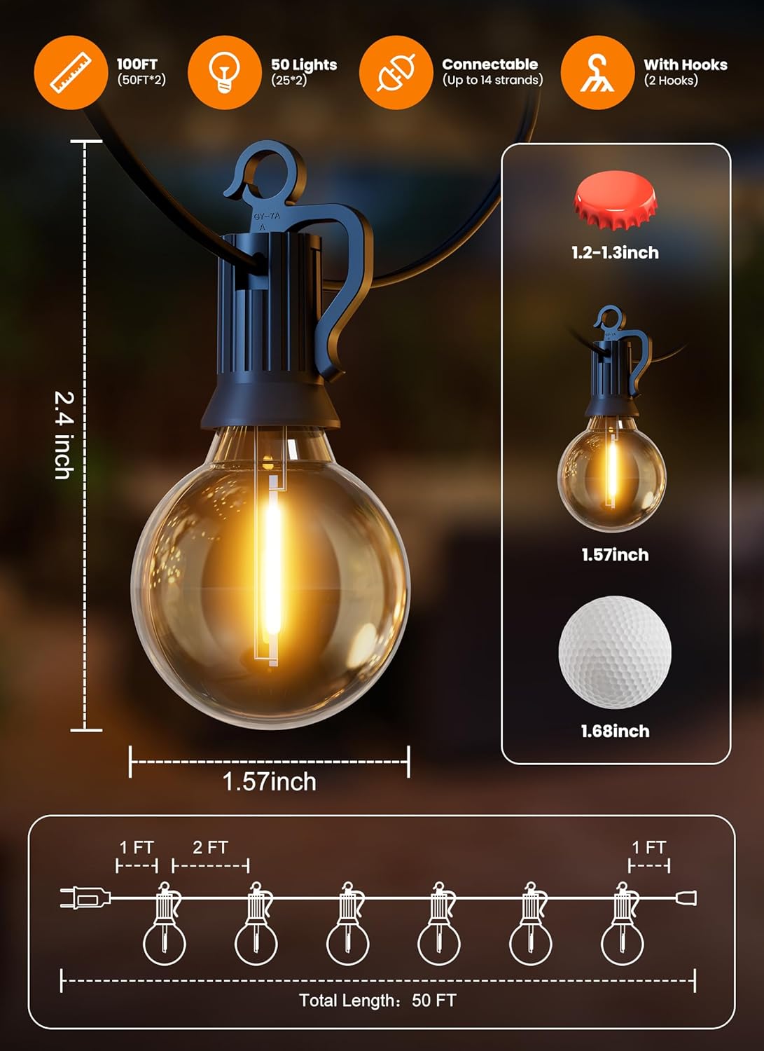 Outdoor-String-Lights-Paio-Lights, 100FT (50FT*2) 50+2 Shatterproof Bulbs Outdoor Patio Lights, IP65 Waterproof Connectable Hanging Outside Light for Backyard, Porch, Deck, Balcony, 2200K