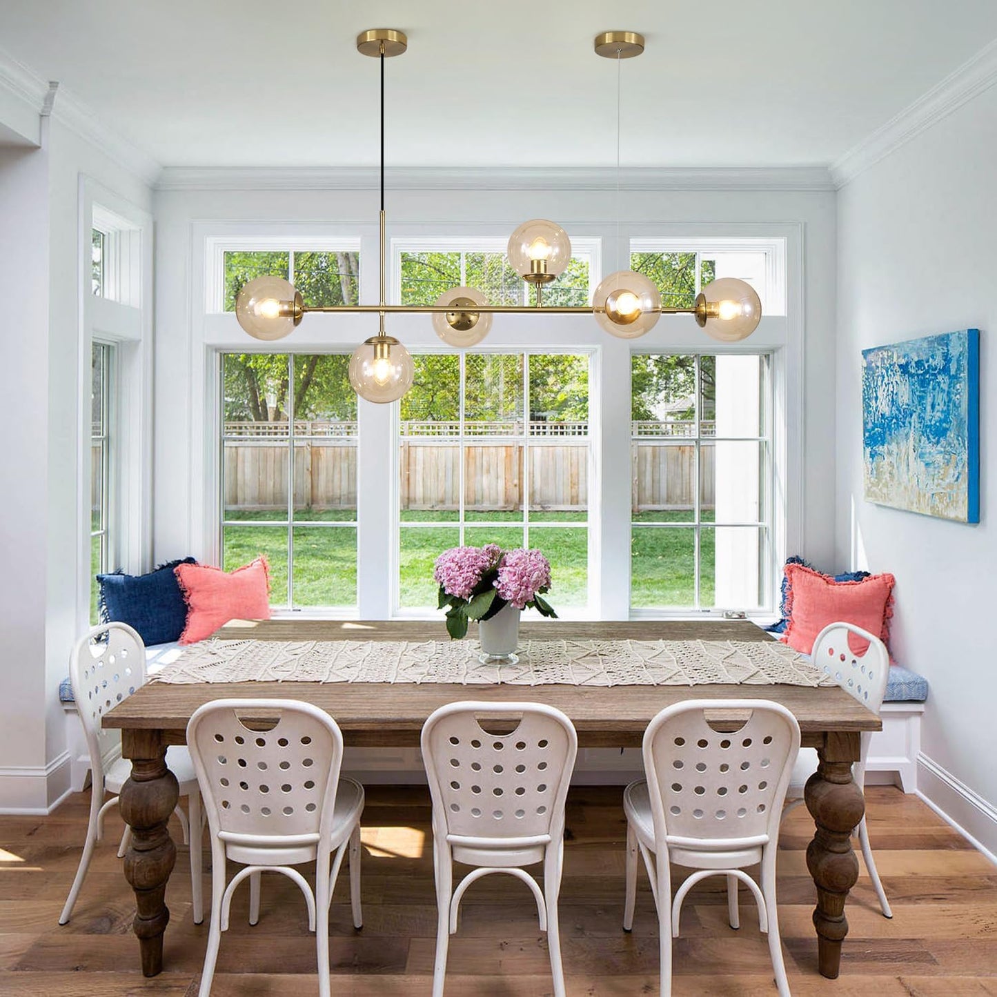 KCO Lighting Globe Linear Chandelier 6 Light Amber Glass Pendant Light Fixture Gold Kitchen Island Lighting Long Brass Sputnik Chandelier Dining Room Light Fixtures Over Table