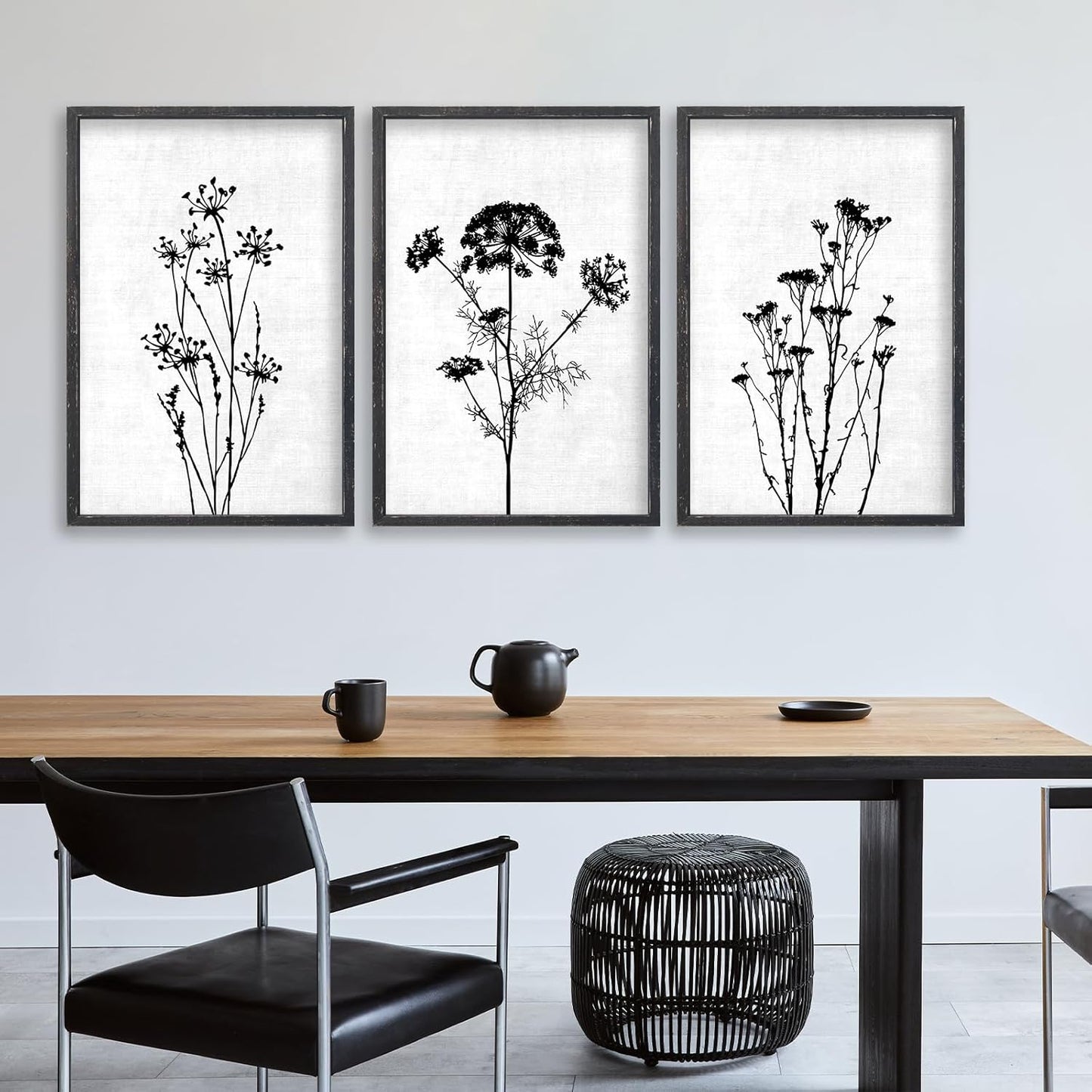 Flower Plant Wall Art Decor 16"x11" Set of 3 Black And White Botanical Painting Wood Framed For Minimalist Bedroom Office Rustic Living Room Abstract Wildflower Sign Hanging (Black)