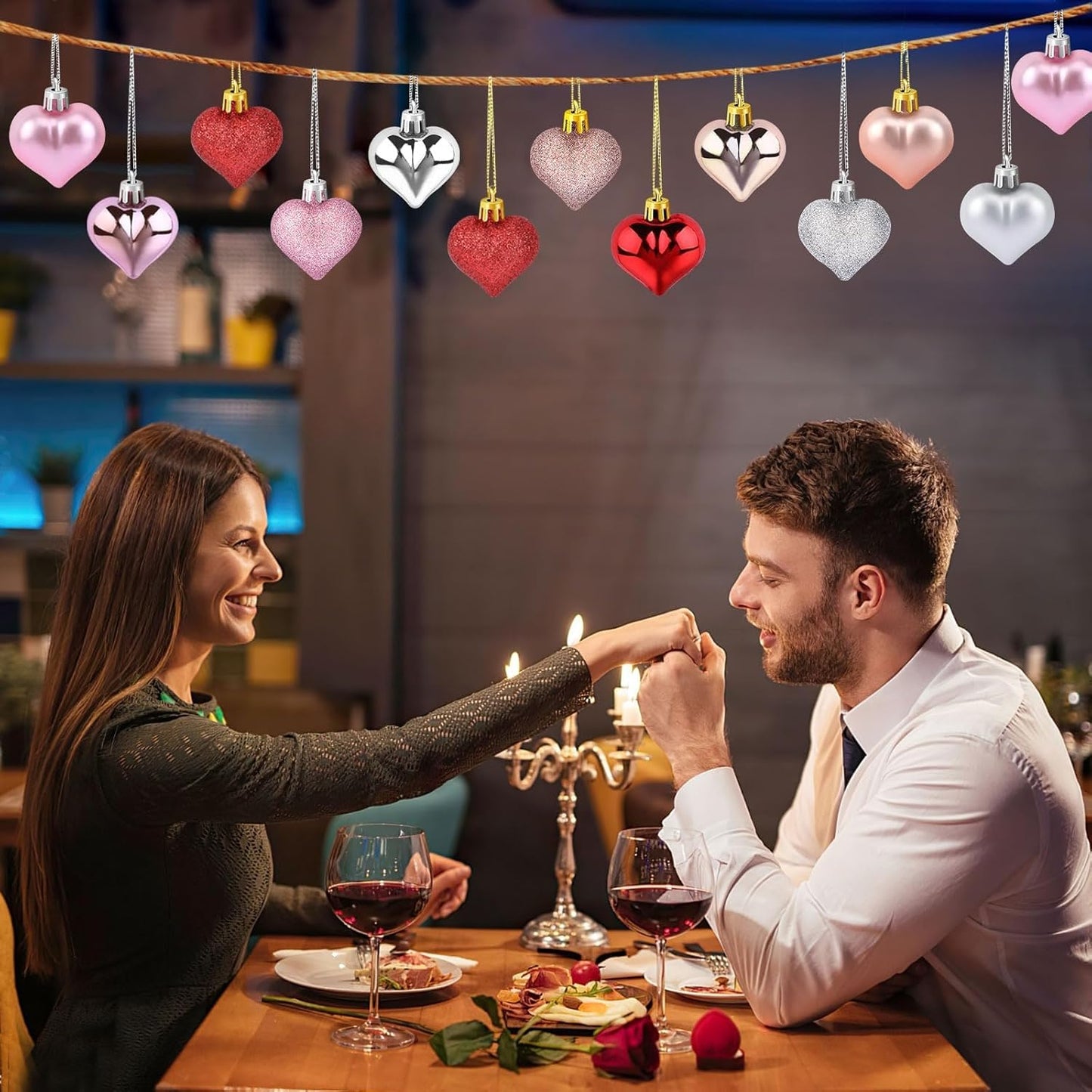 JULMELON 24Pcs Valentine's Day Heart Shaped Ornaments Romantic Valentines Heart Hanging Tree Ornaments Decorations for Home Valentine Tree Wedding Party (Red, Pink,Rose Gold and Silver)