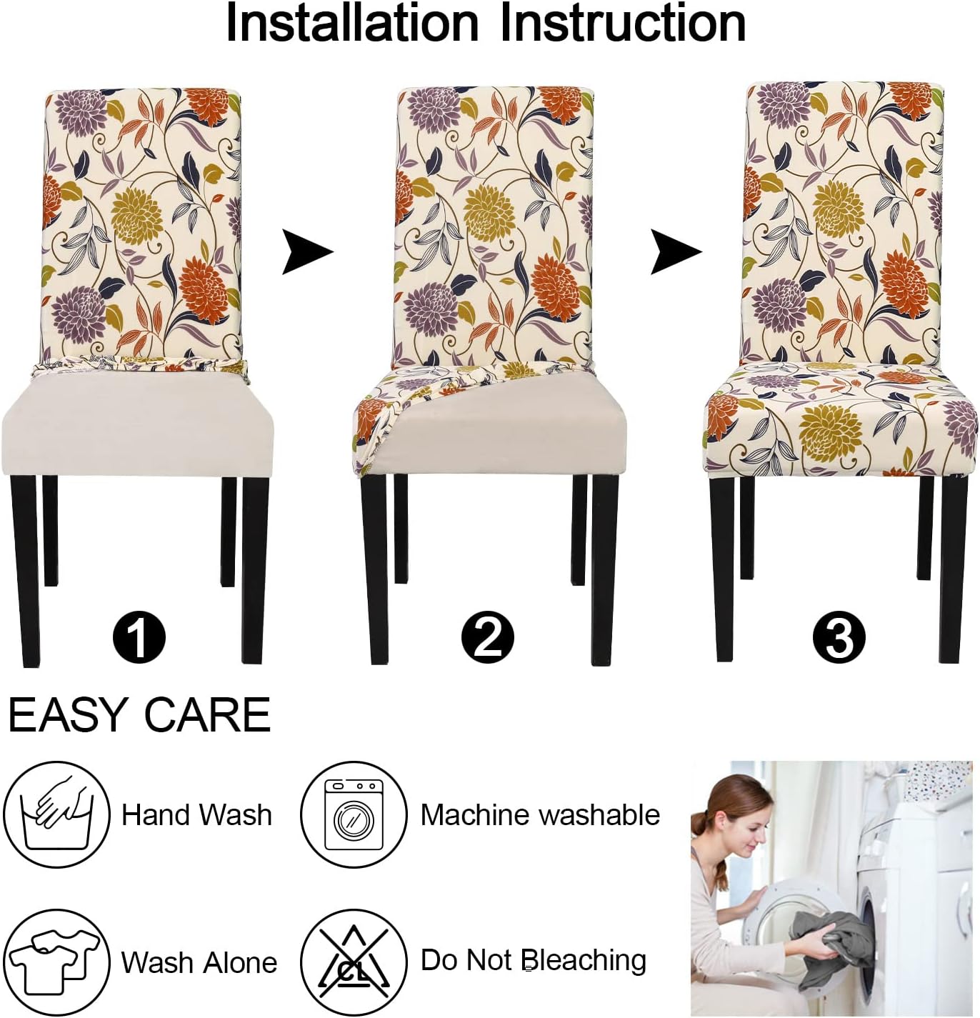 JQinHome Pattern Chair Covers for Dining Room Set of 4, High Stretch Removable Washable Parsons Chair Slipcover for Home Party Hotel Wedding Ceremony (Flower,4PCS)