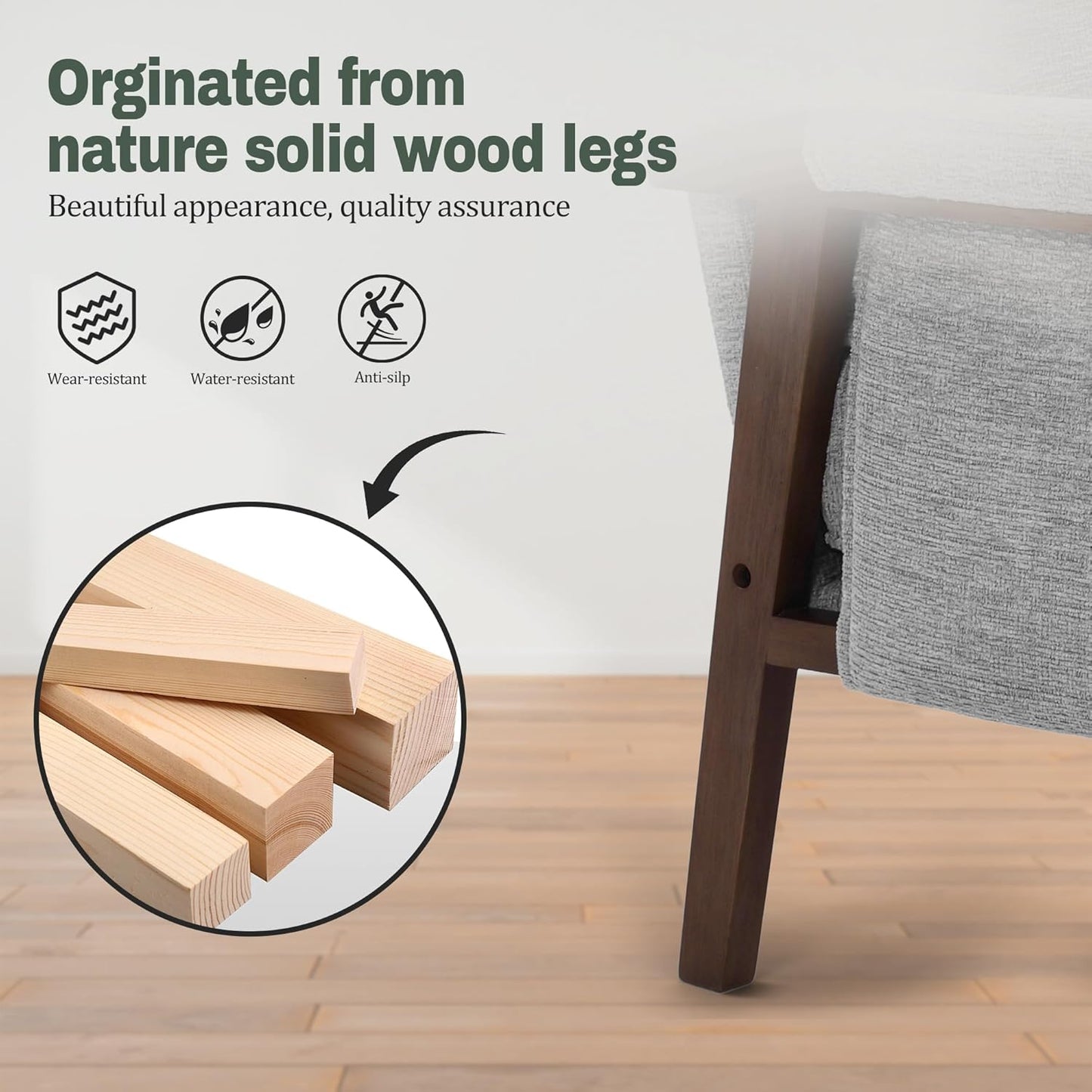 Modern Accent Chair for Living Room Mid Century Arm Chair Upholstered Bedroom Chair Comfy Lounge Chair with Solid Wood Frame, Grey