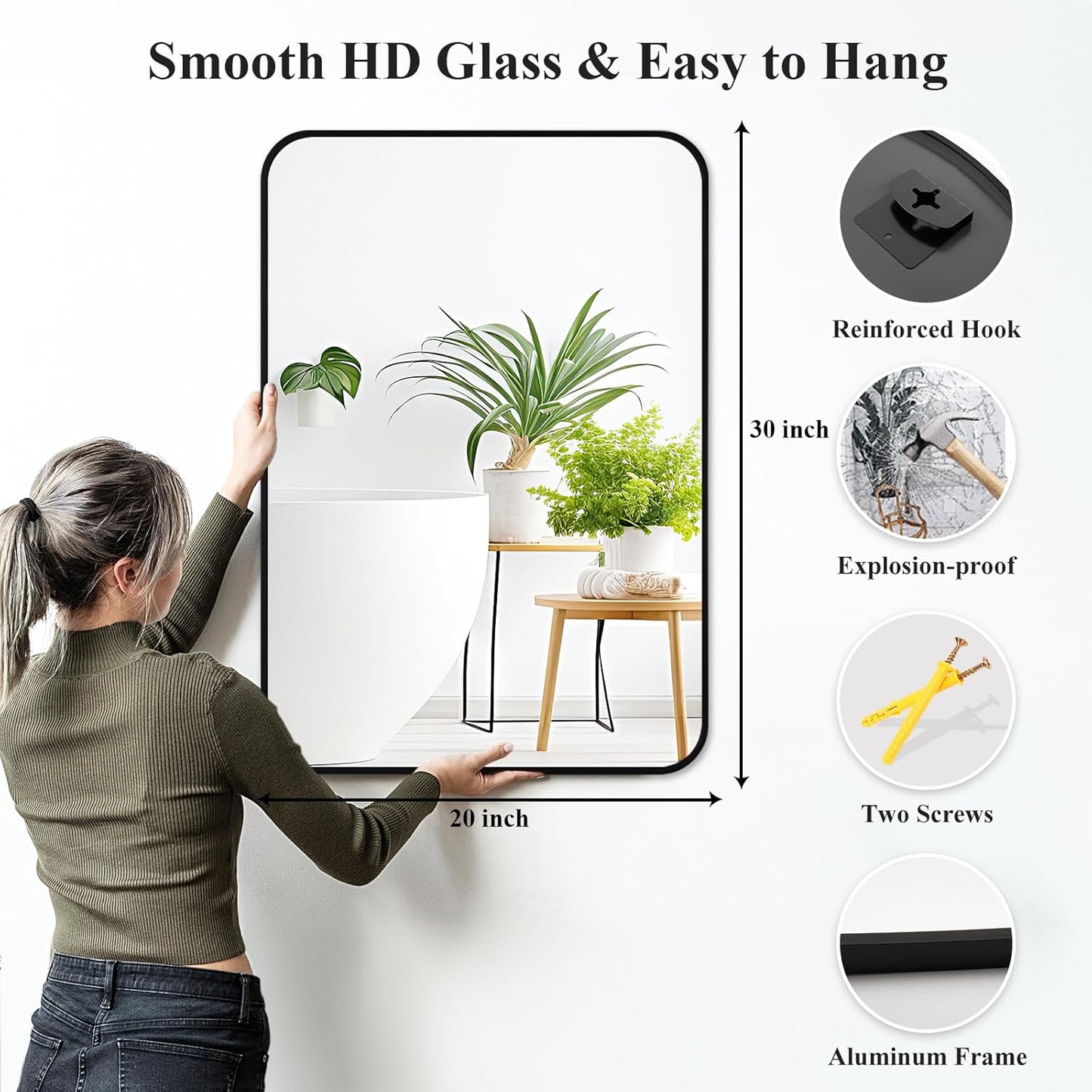 Fabuday Black Wall Mirror for Bathroom Over Sink - 20x30 Matte Metal Framed Rectangle Mirror, Rounded Rectangular Vanity Mirrors for Living Room, Bedroom, Entryway, Hallway, Horizontally/Vertically