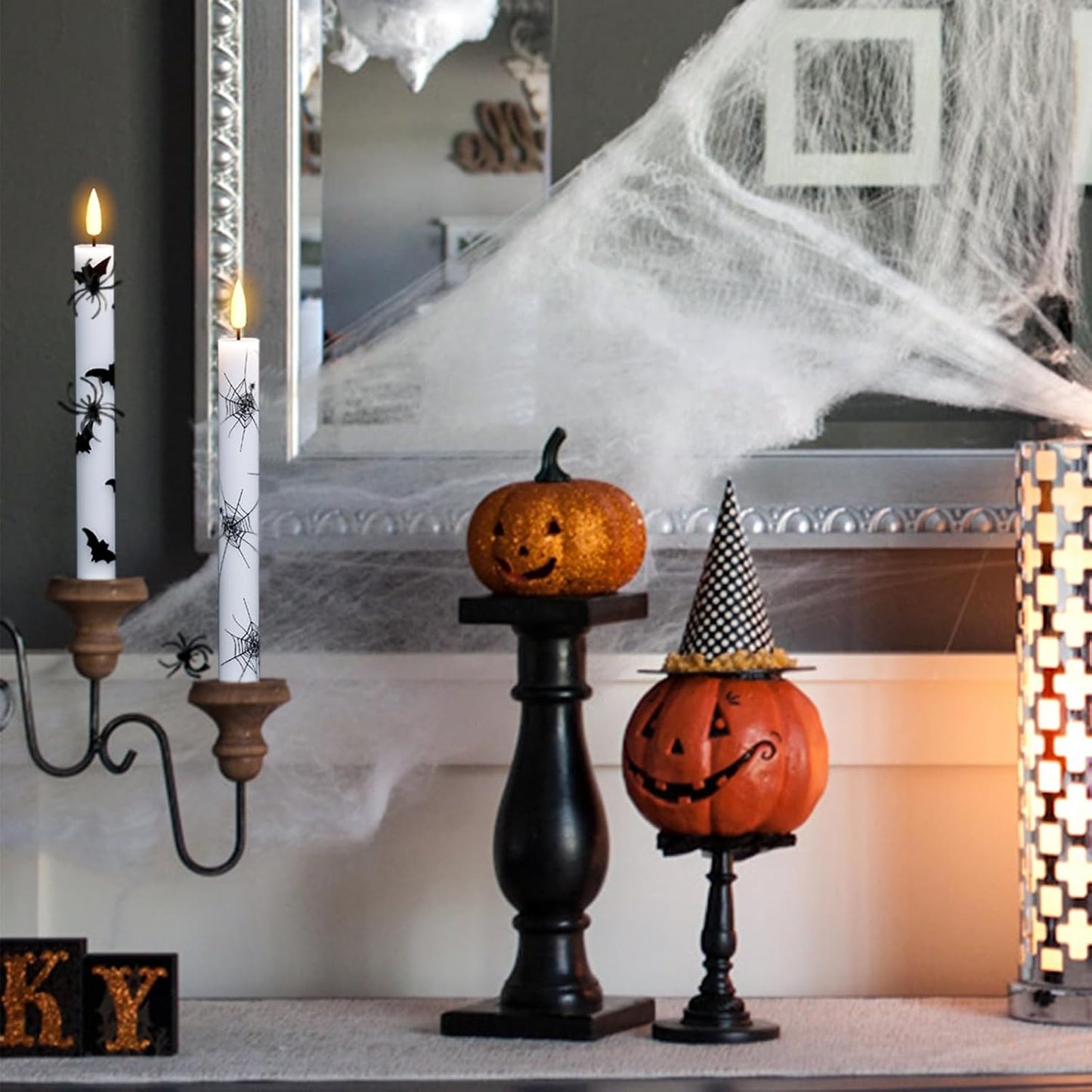 GenSwin Flameless Taper Candles with Remote Timer, 6Pcs LED Flickering Taper Candles Battery Operated Real Wax with Spider Webs/Skull/Bats Decals for Halloween Spooky Decoration (White, 0.78”x9.65”)