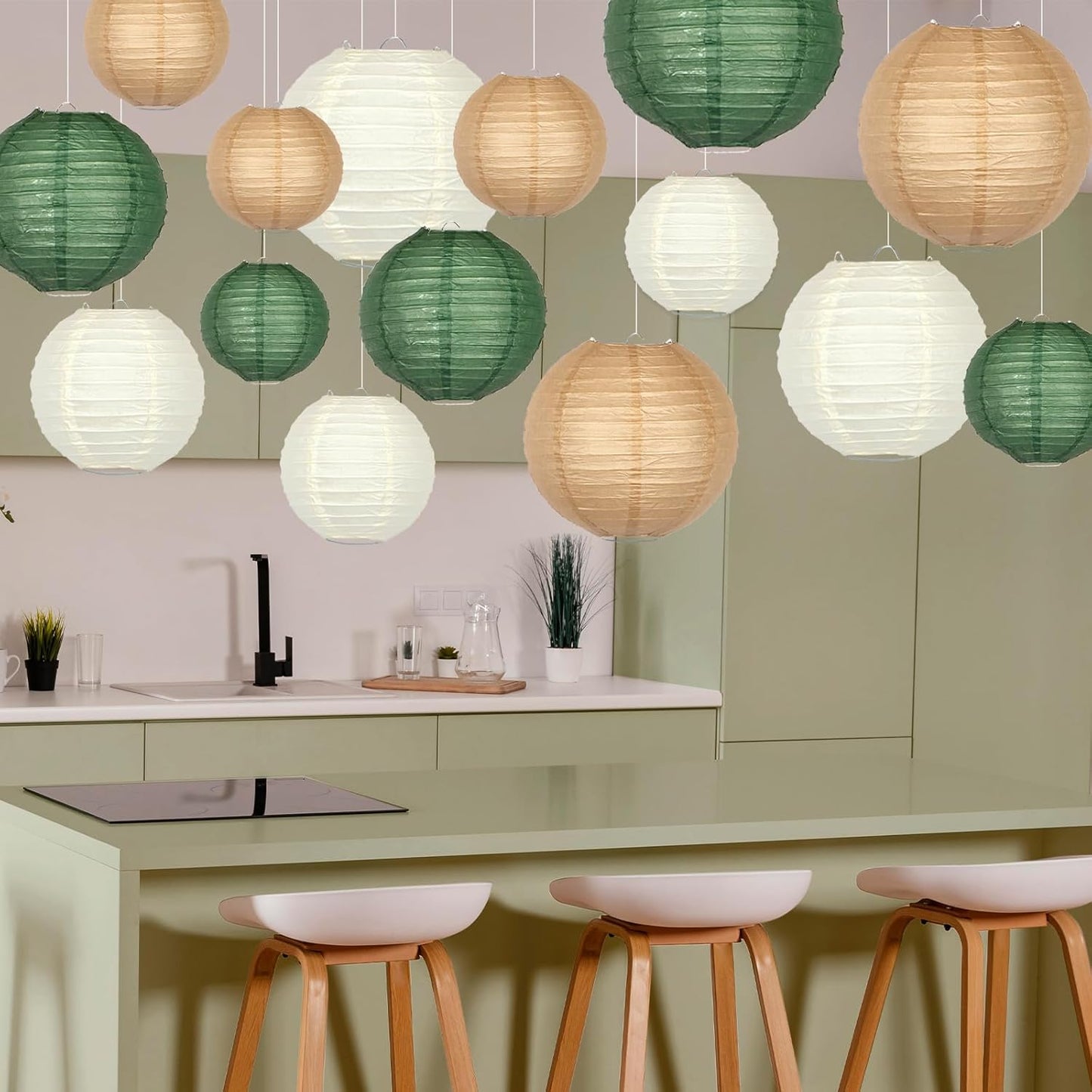 Green Round Chinese Paper Lanterns Decorative 15pcs Hanging Paper Lantern for Rustic Wedding Jungle Wonderland Themed Birthday Party Baby Shower