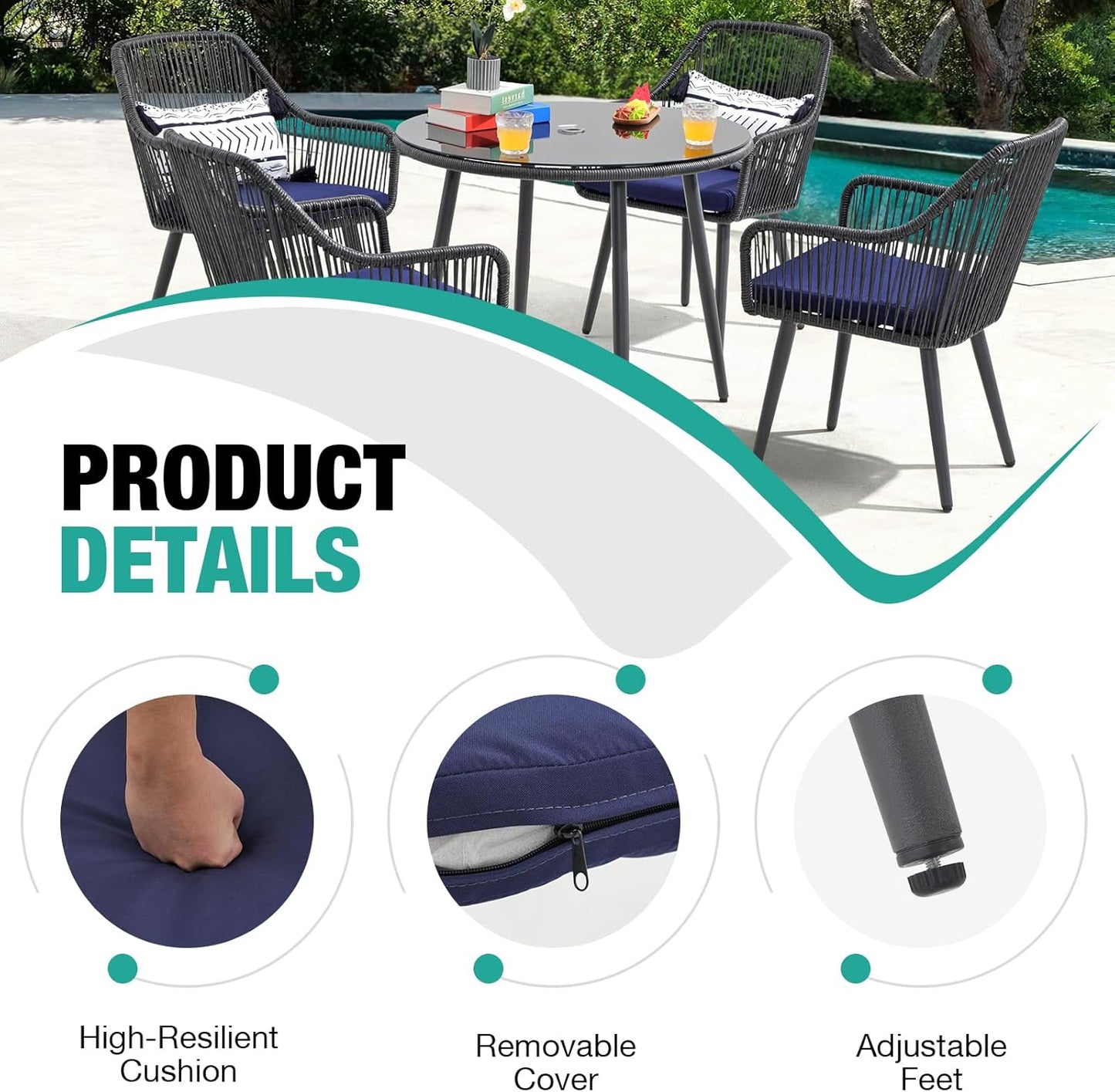 Patiorama Outdoor Dining Chairs, Patio Dining Chair Set of 2, All-Weather Woven Rope Rattan Chairs, Outdoor Dining Wicker Chair with Armrests for Indoor Balcony Pool Backyard(Blue)