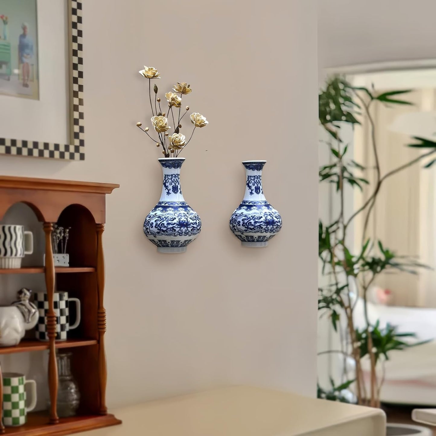 Set of Two Blue and White Porcelain Wall Vases for Flowers – Handmade Chinoiserie Ceramic Wall Mounted Flower Vase, Decorative Hanging Vases for Living Room, Bookshelf & Indoor Décor