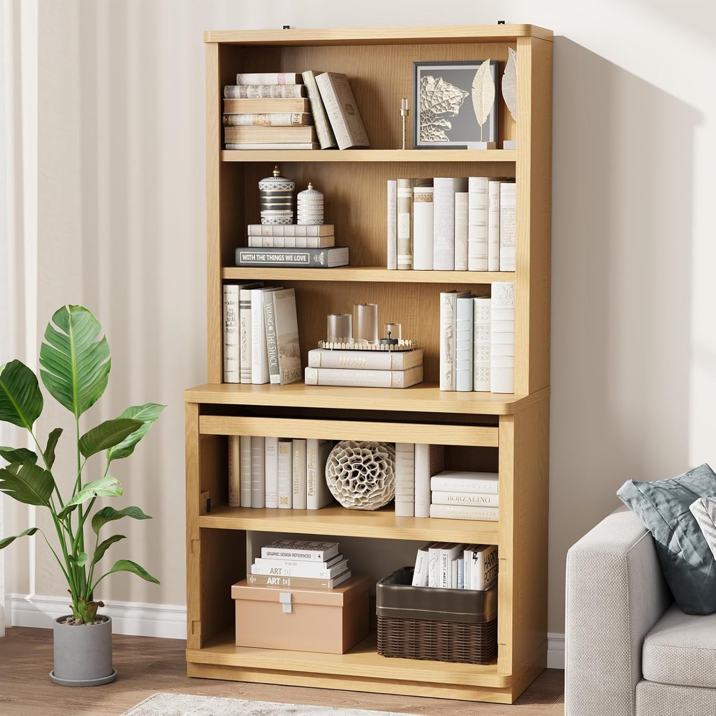 Rresyet 5 Tier Bookcase with Flip-Flop Design, 71" x 37" x 16" Wooden Book Shelf, Extra Bookshelf Storage Organizer, Display Standing Shelf Unit for Home Office, Living Room, Study Room (Wood)