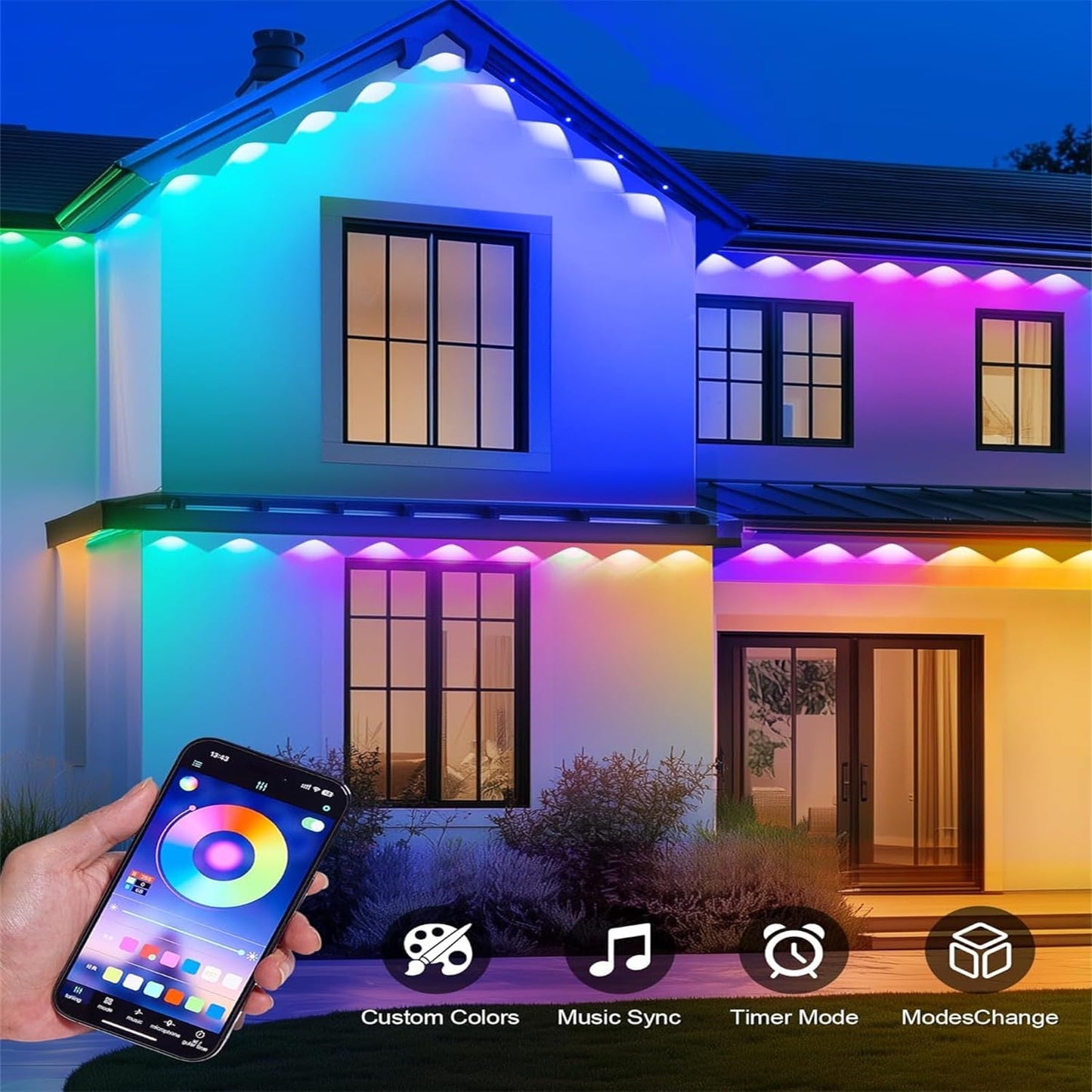 Permanent Outdoor Lights,150ft RGB + IC Smart LED Eaves Lights with App & Remote Control, IP67 Waterproof,for Christmas and All Holiday Decor,Daily and Accent Lighting,House Roof and Garden Lighting