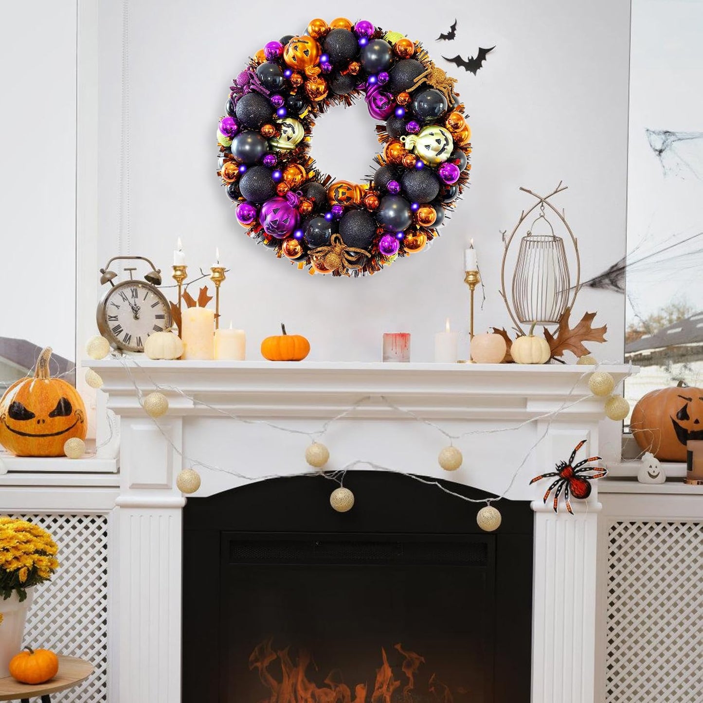 13.8 Inch Halloween Ball Wreath for Front Door with Lights, Lighted Cute Treat-or-Trick Door Wreath Ball Ornament for Halloween Indoor Decorations Centerpiece Party Holiday Wall Home Decor