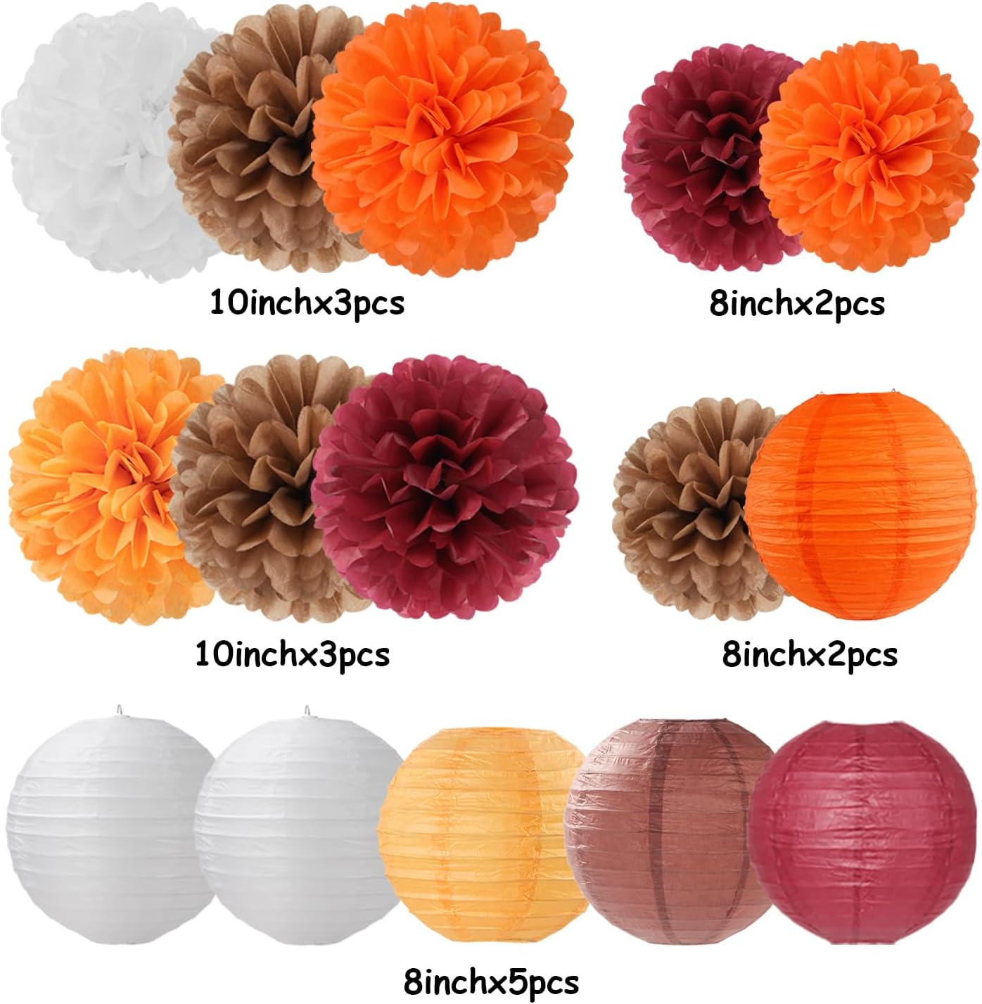 Brown Burgundy-Orange Party-Decorations Paper-Flowers Lanterns - 15PCS Fall Boho Tissue Pom Poms Streamers,Baby Bridal Shower Rustic Wedding Neutral Birthday Coffee Halloween ThanksgivingDecor Hugfond