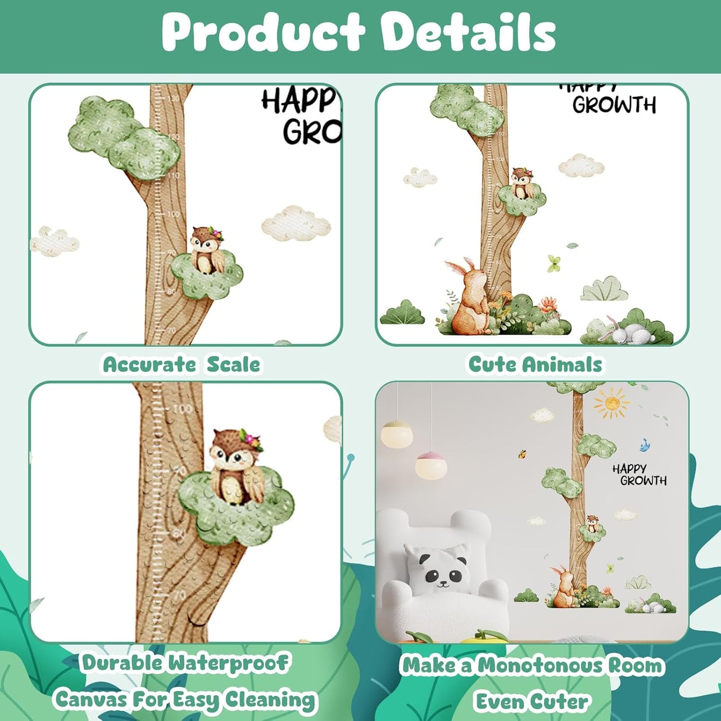 3D Cartoon Height Chart for Kids, DIY Growth Stickers, Removable Height Wall Chart for Kids Nursery, Bedroom, Bathroom