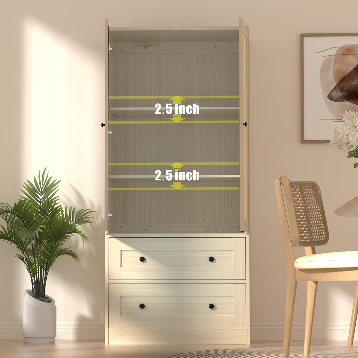 Rattan Oak Kitchen Pantry, 64.2" Tall Storage Cabinet with Doors and Drawers, Freestanding Wooden Storage Organizer for Kitchen, Dining Room