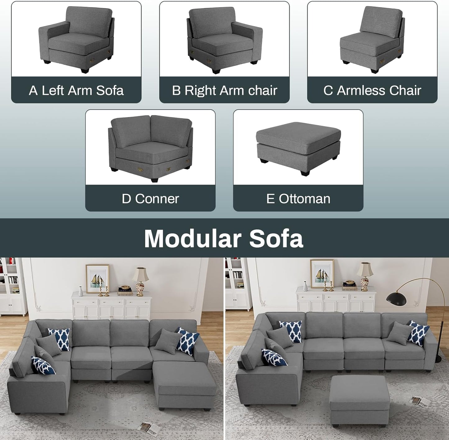 L Lengend Vansen Modular Sectional Sofa U Shaped Couch with Ottoman Modern Reversible Corner Sectional Couch for Living Room (Dark Grey, U Shaped Sofa-1)