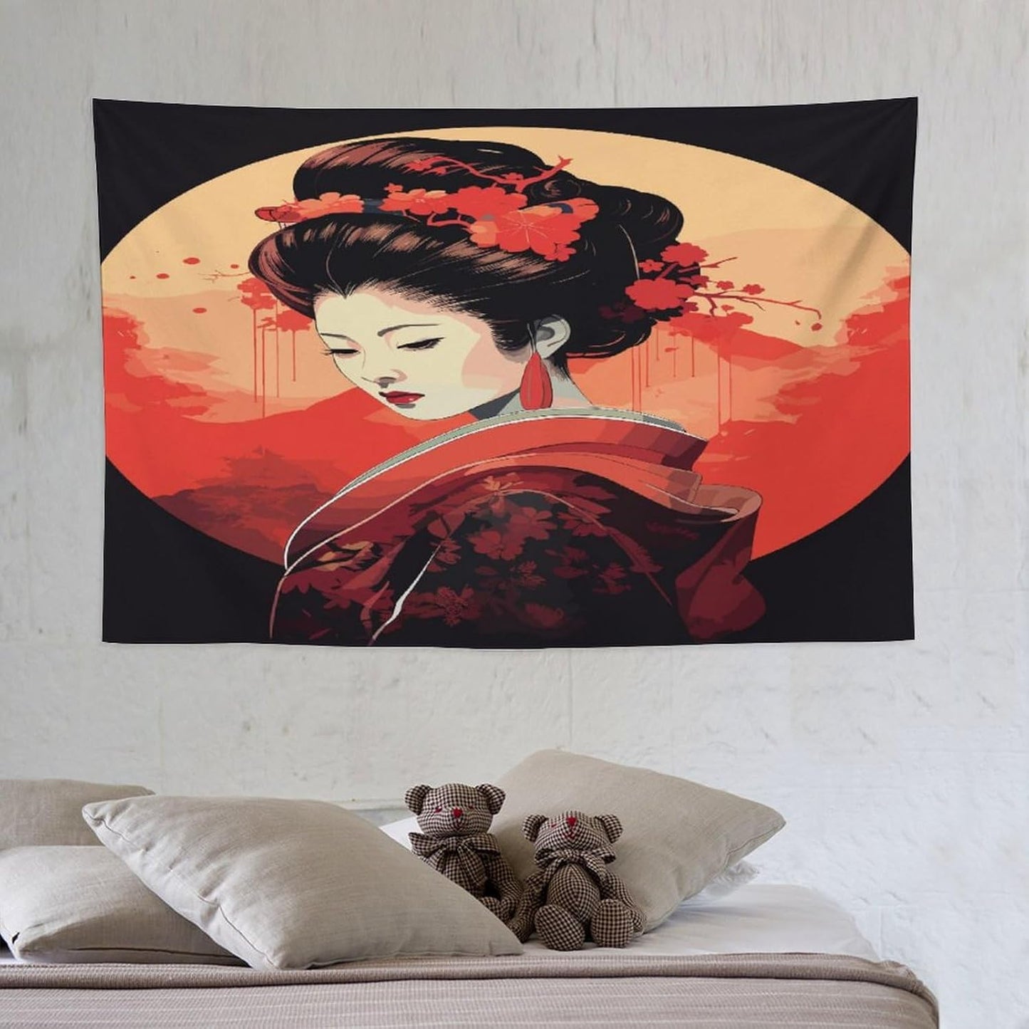 Japanese Woman Geisha Tapestry Asian Cherry Blossom Red Sun Traditional Kimono Folk Tapestries Home Decor for Living Room Bedroom Apartment Farmhouse Dorm 60"x40"