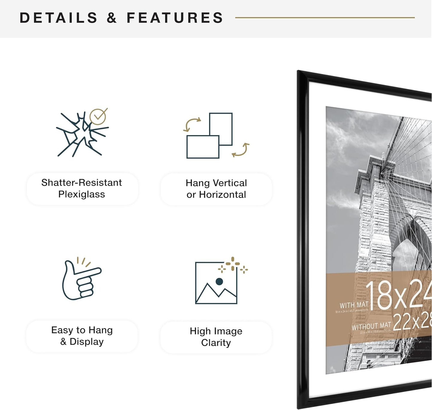 MCS Trendsetter 22x28 Matted Poster Frame with 18x24 Picture Display, Black Vertical & Horizontal Wall Hanging Large Picture Frame for Photos & Posters (1-Pack)