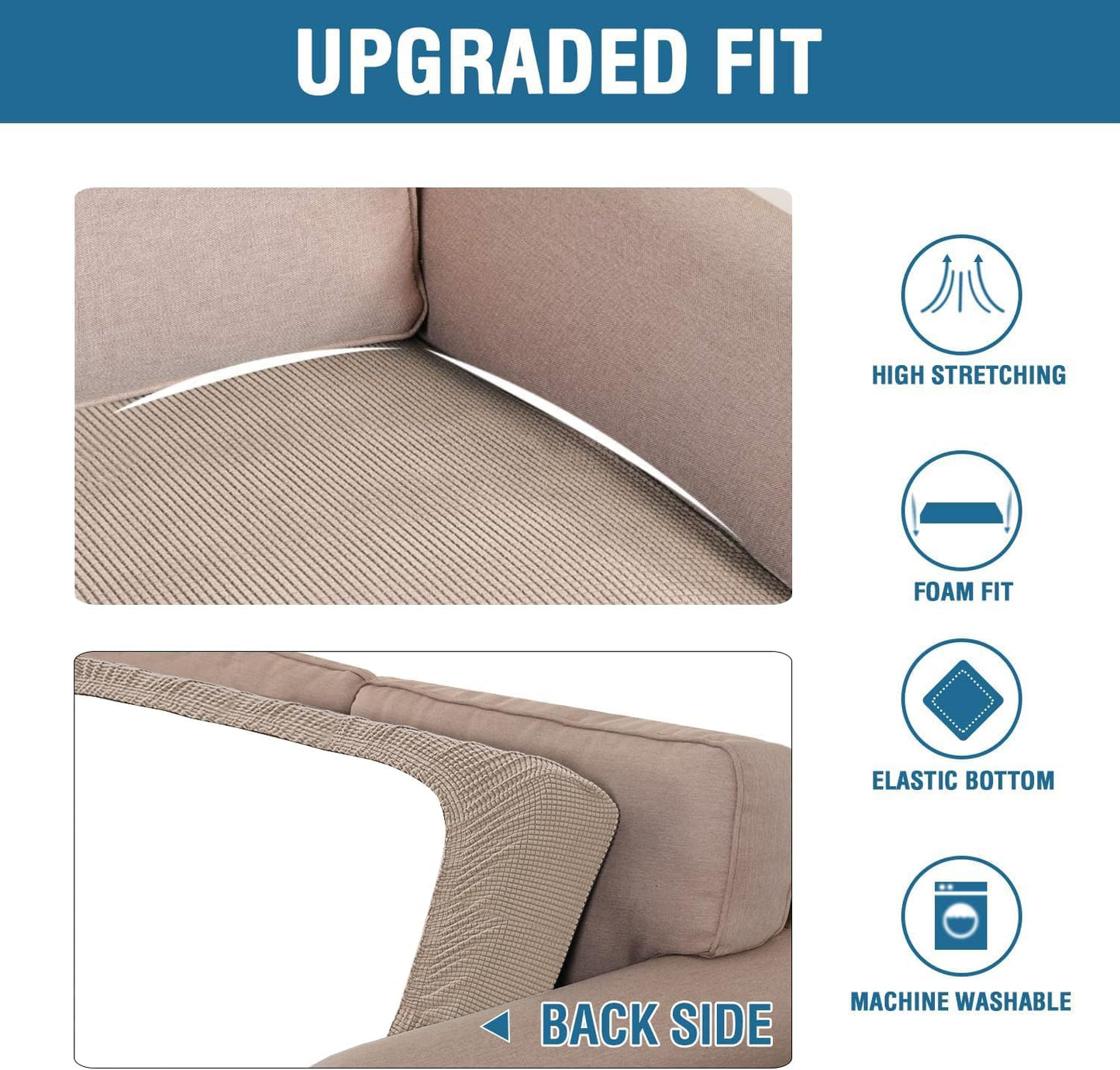 H.VERSAILTEX Super Stretch Individual Seat Sofa Covers Couch Slipcover Sets Thick Jacquard Textured Twill Fabric (2 Piece Large Sofa Cushion Covers, Sand)