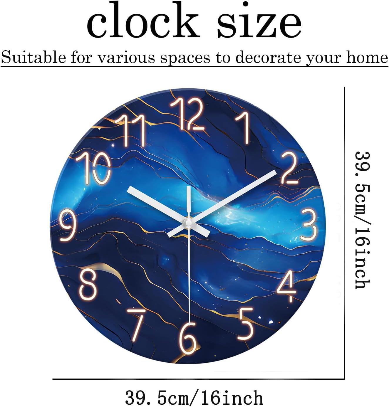 Glass Blue Wall Clocks Battery Operated 16 Inch Marble Pattern Big Clock for Office Abstract Silent Wall Clock Non Ticking