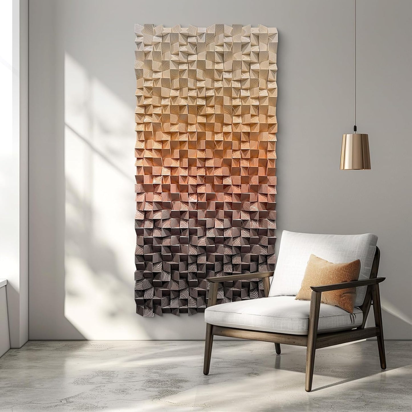 LIUZEYUE - 3D wooden block painting gradient coffee white art background wall wooden block abstract geometric wall decoration living room/bedroom/office modern minimalist style decoration 35.4"x70.8"