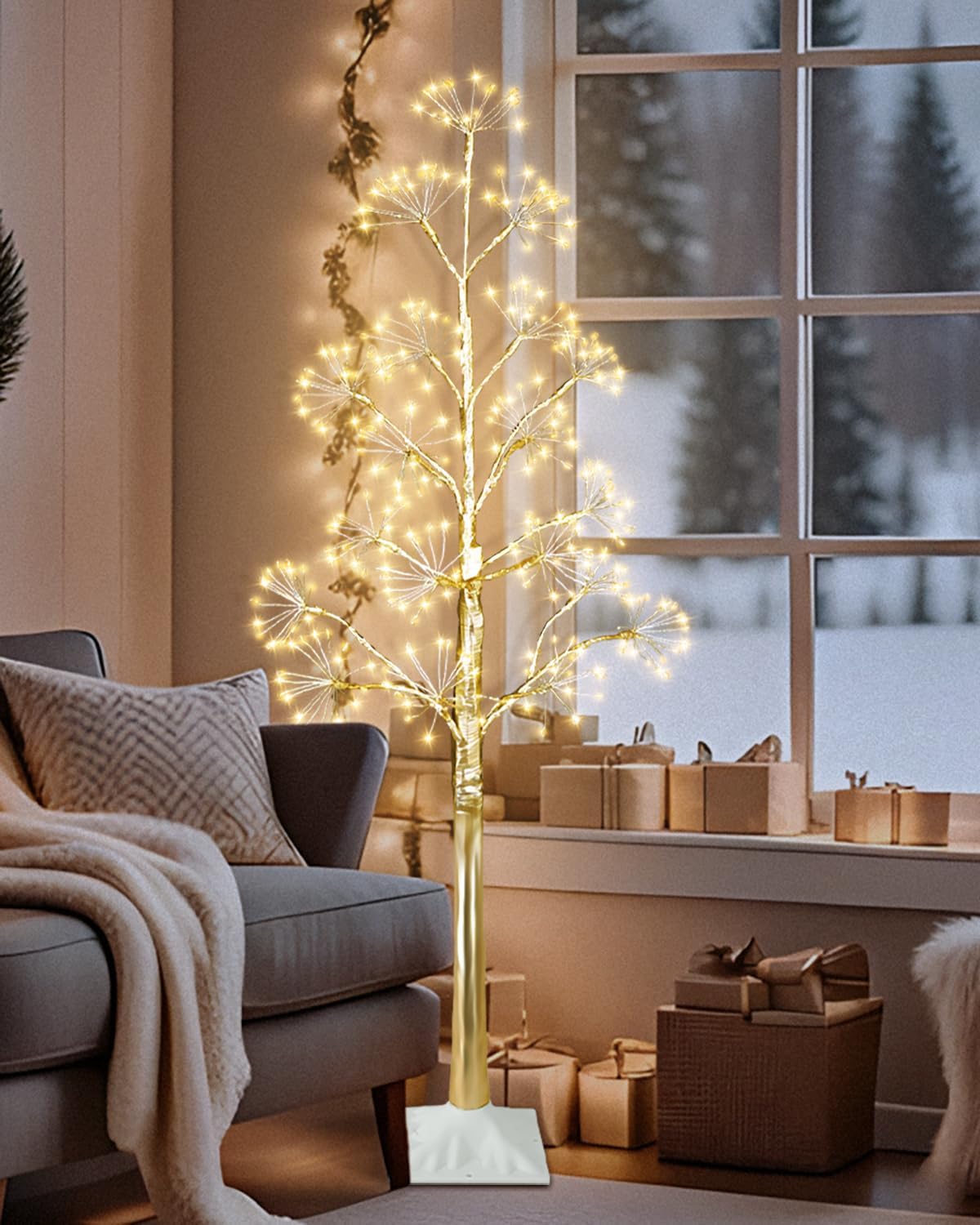 4FT Lighted Birch Tree Christmas Artificial Twig Tree with 380 LED Lights Timer 8 Mode Xmas Tree for Holiday Party Wedding Indoor Outdoor Decor